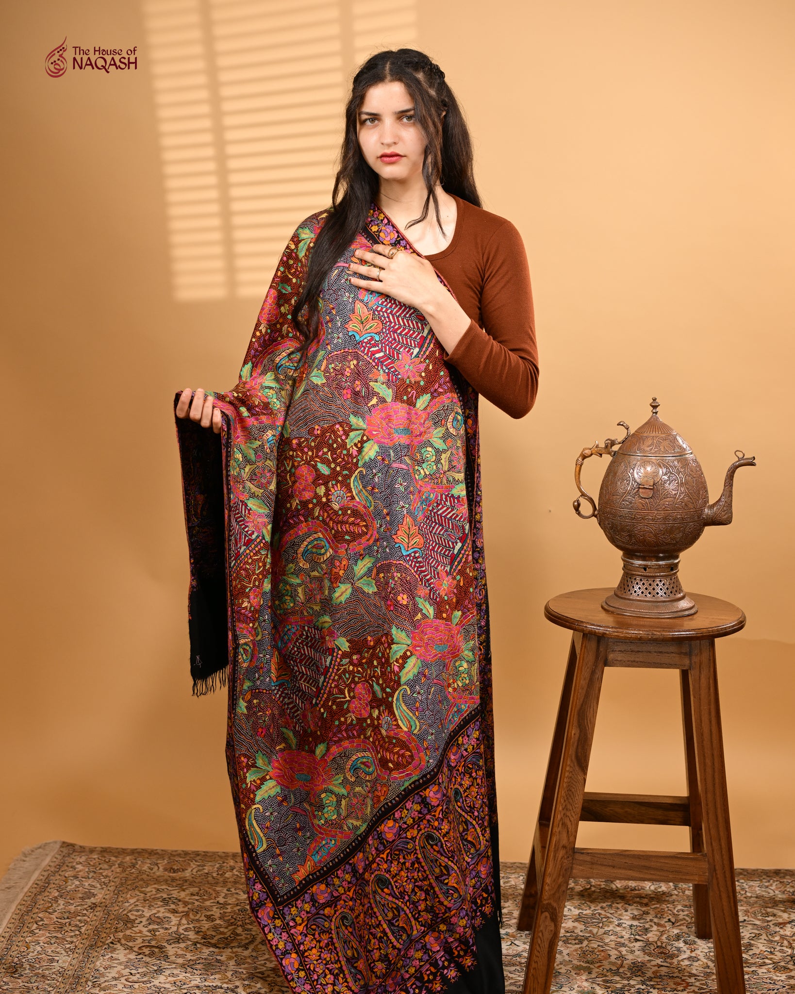Persian Night Hand Embroidered Jamawar GI Pashmina Shawl