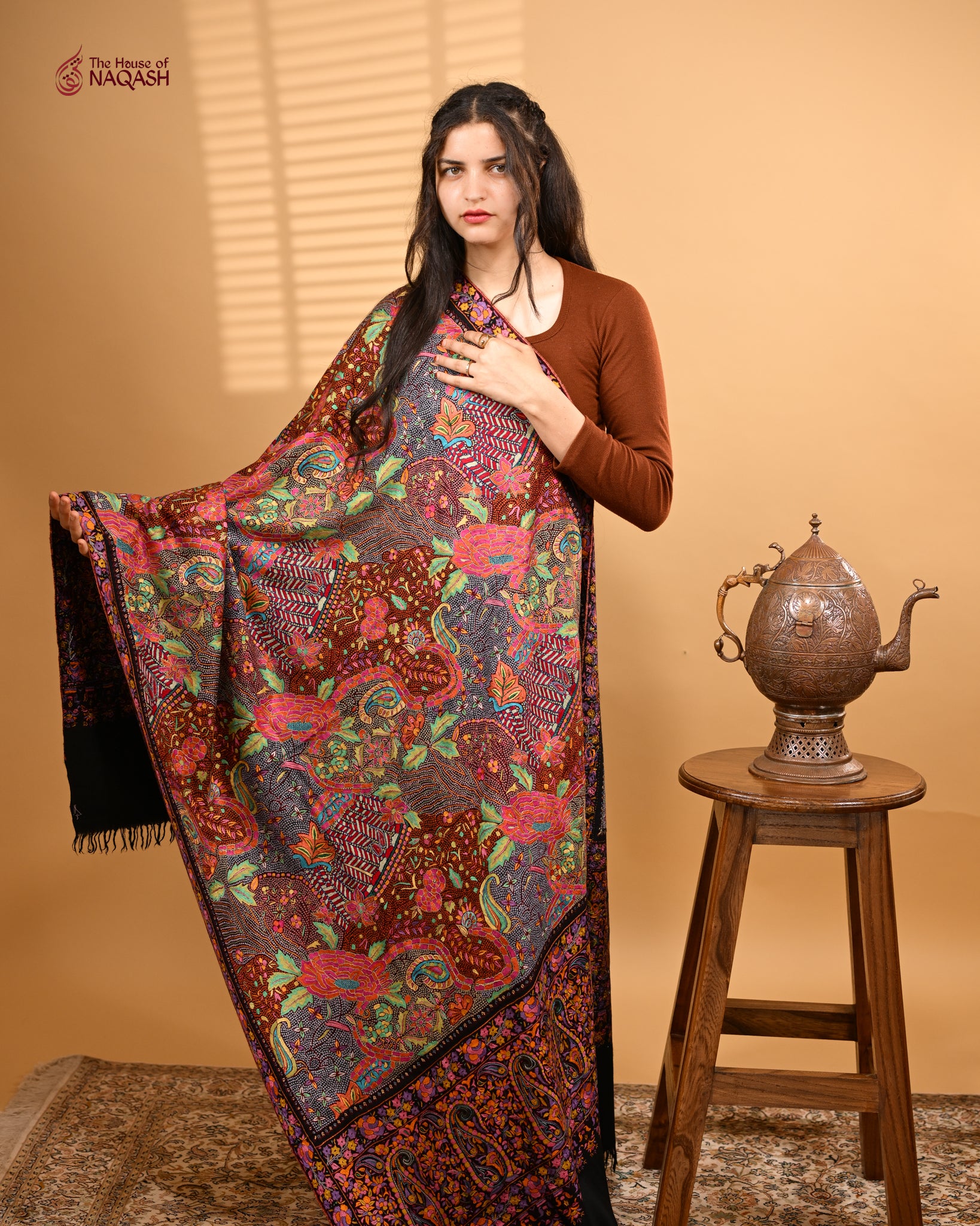 Persian Night Hand Embroidered Jamawar GI Pashmina Shawl