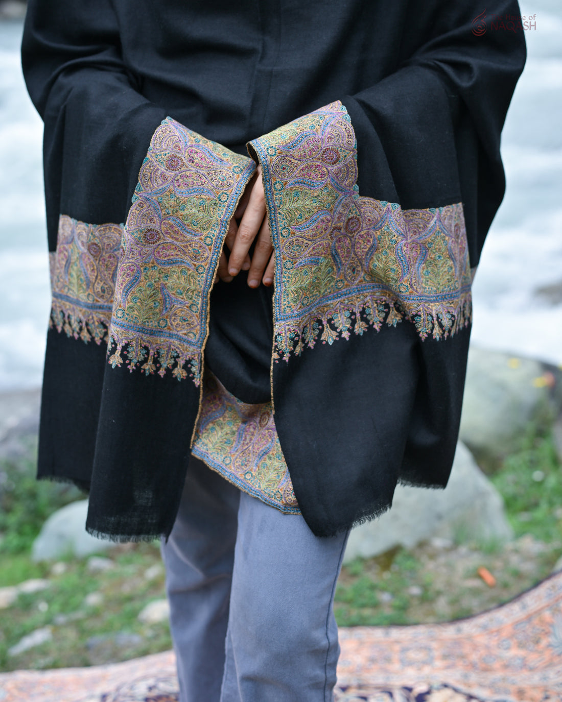 Black Sozni Embroidered GI Pashmina Wrap