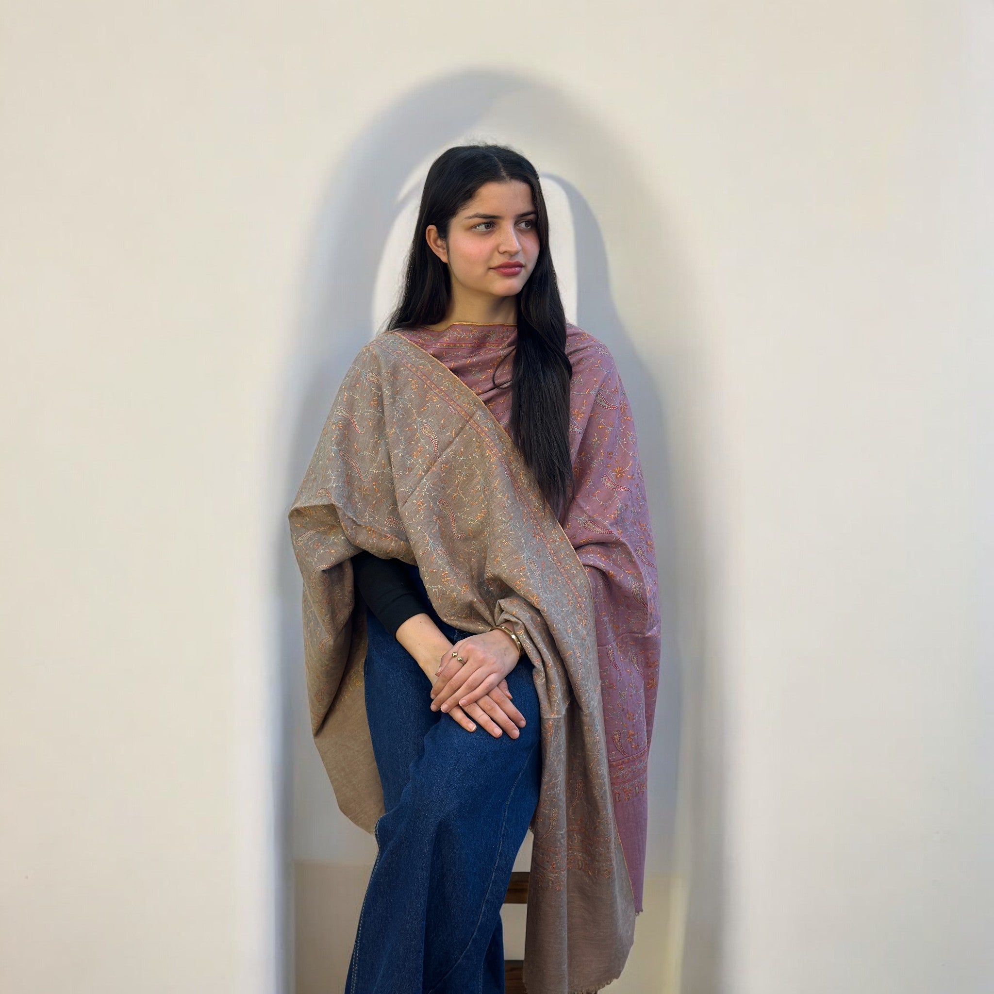 Color Flip Reversible Sozni Jaalidaar Hand-Embroidered GI Pashmina Shawl