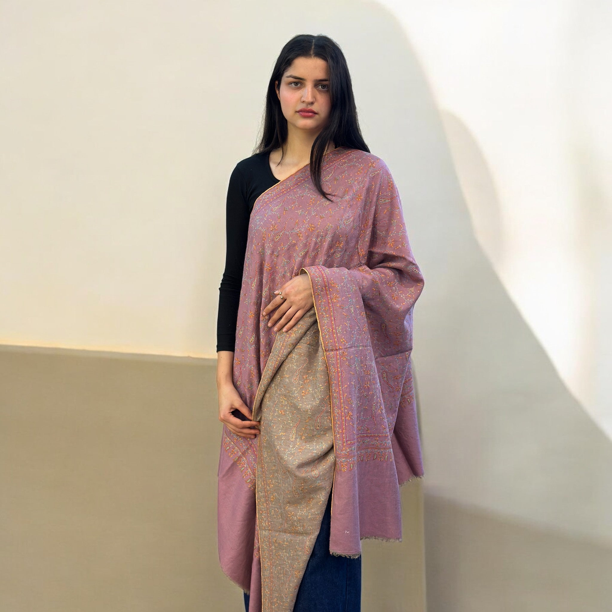 Color Flip Reversible Sozni Jaalidaar Hand-Embroidered GI Pashmina Shawl