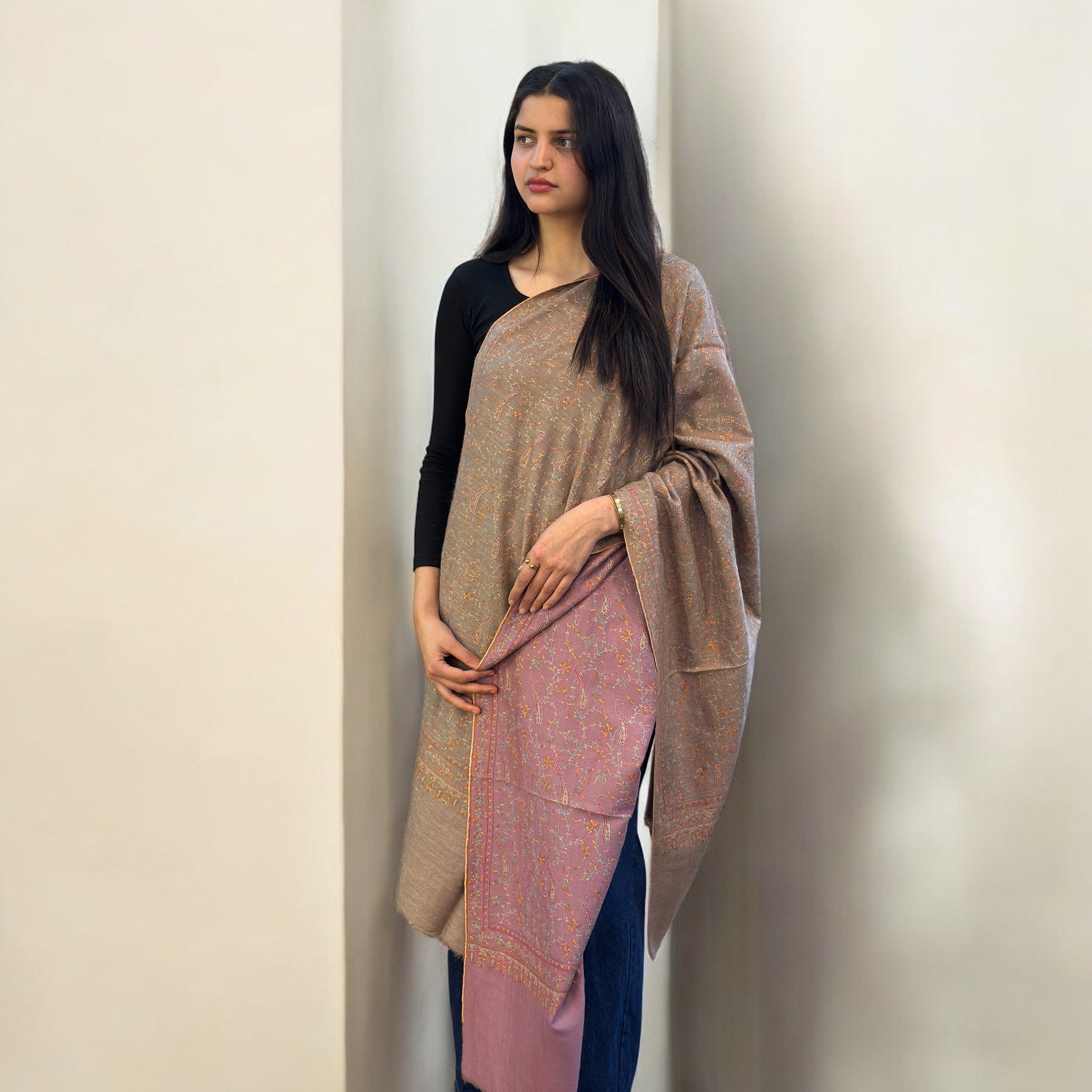 Color Flip Reversible Sozni Jaalidaar Hand-Embroidered GI Pashmina Shawl