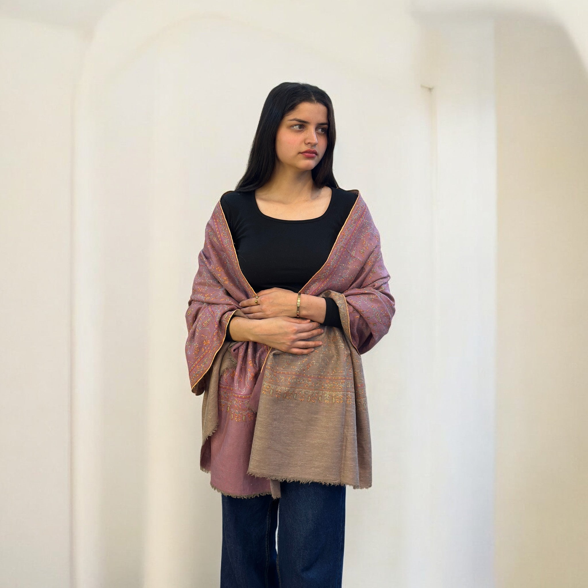 Color Flip Reversible Sozni Jaalidaar Hand-Embroidered GI Pashmina Shawl