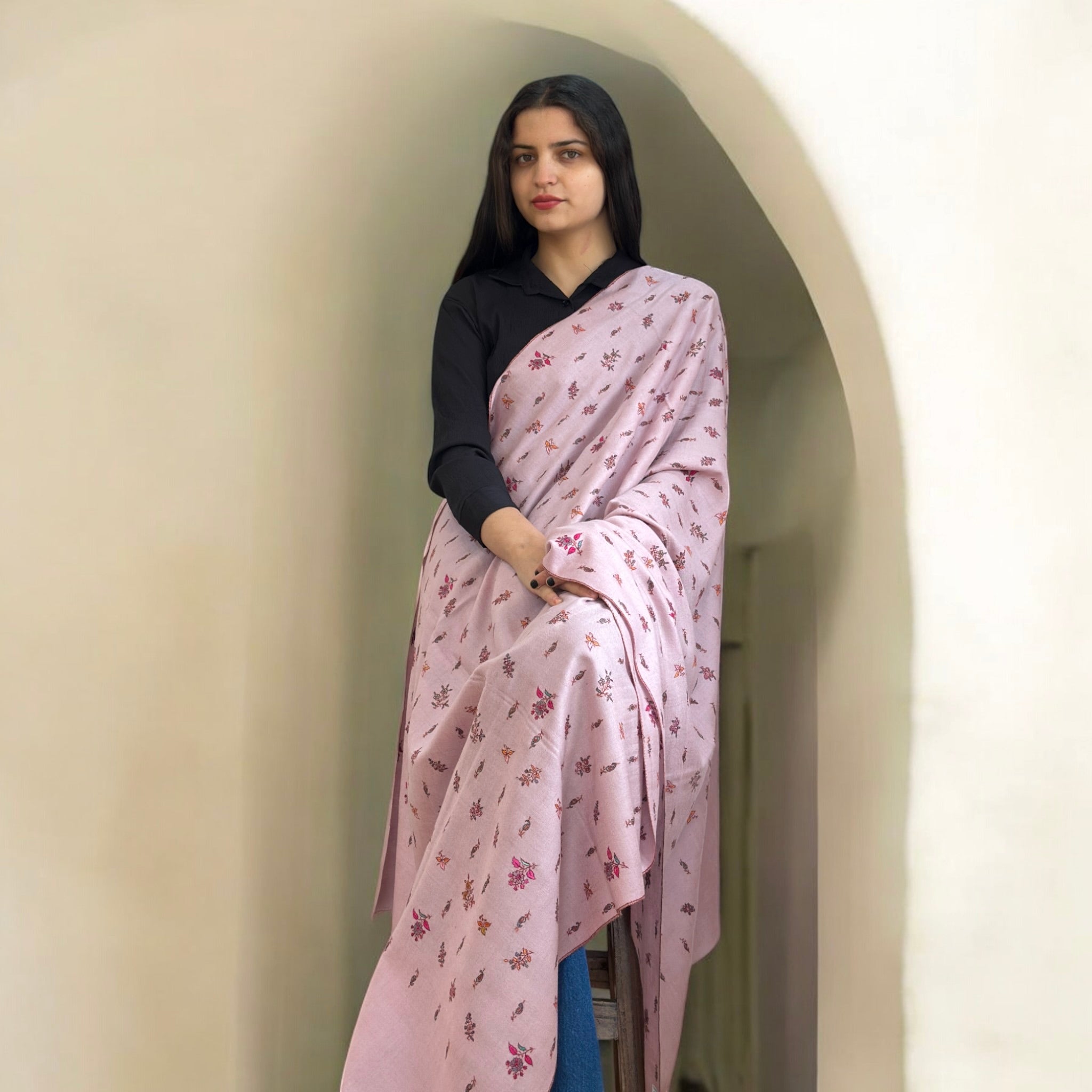 Blush Bloom Butti Pattern GI Pashmina Shawl