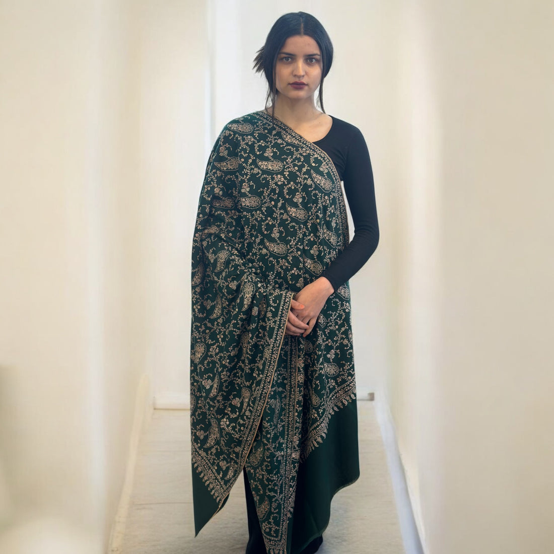 Deep Greenwood Jaalidar GI Pashmina Shawl