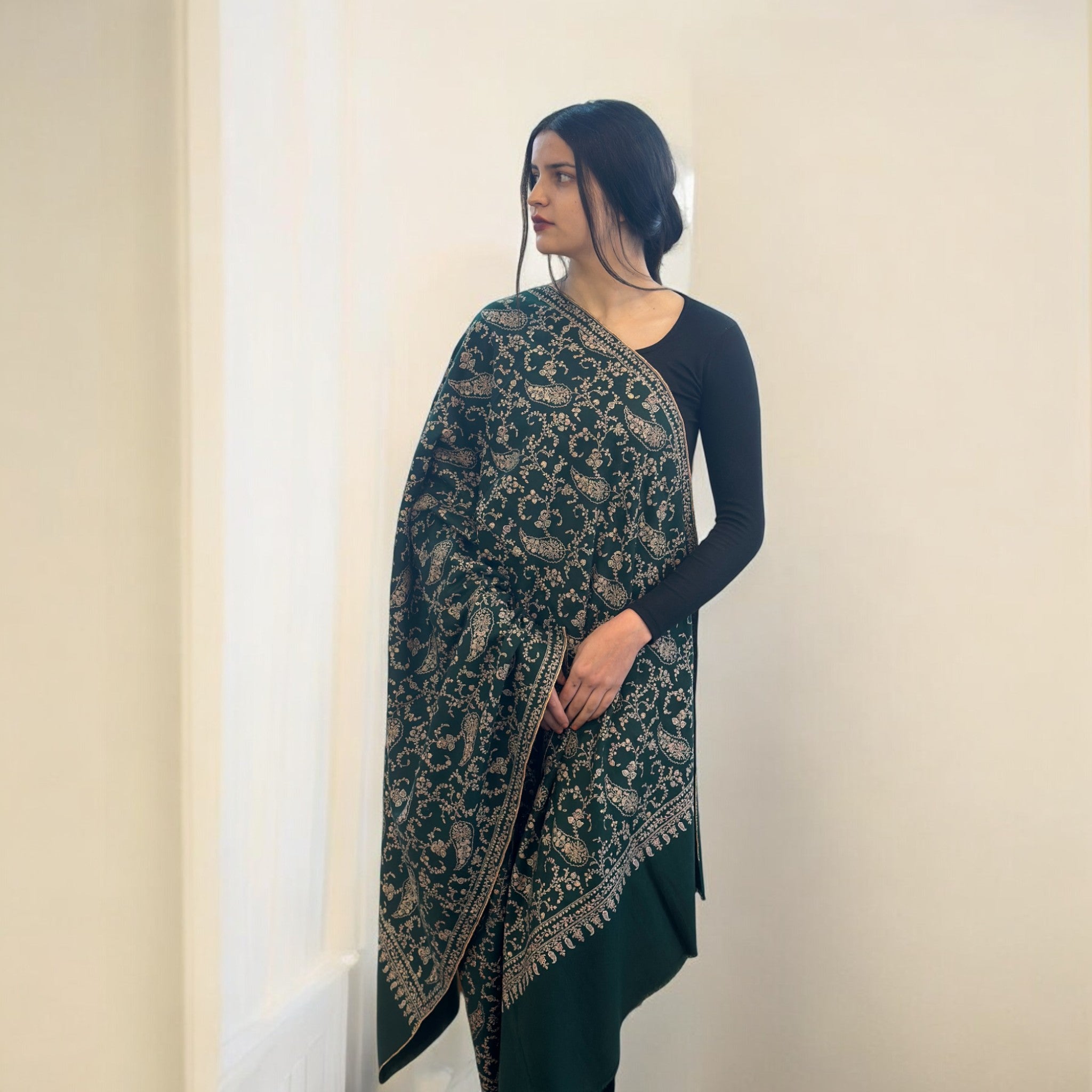 Deep Greenwood Jaalidar GI Pashmina Shawl