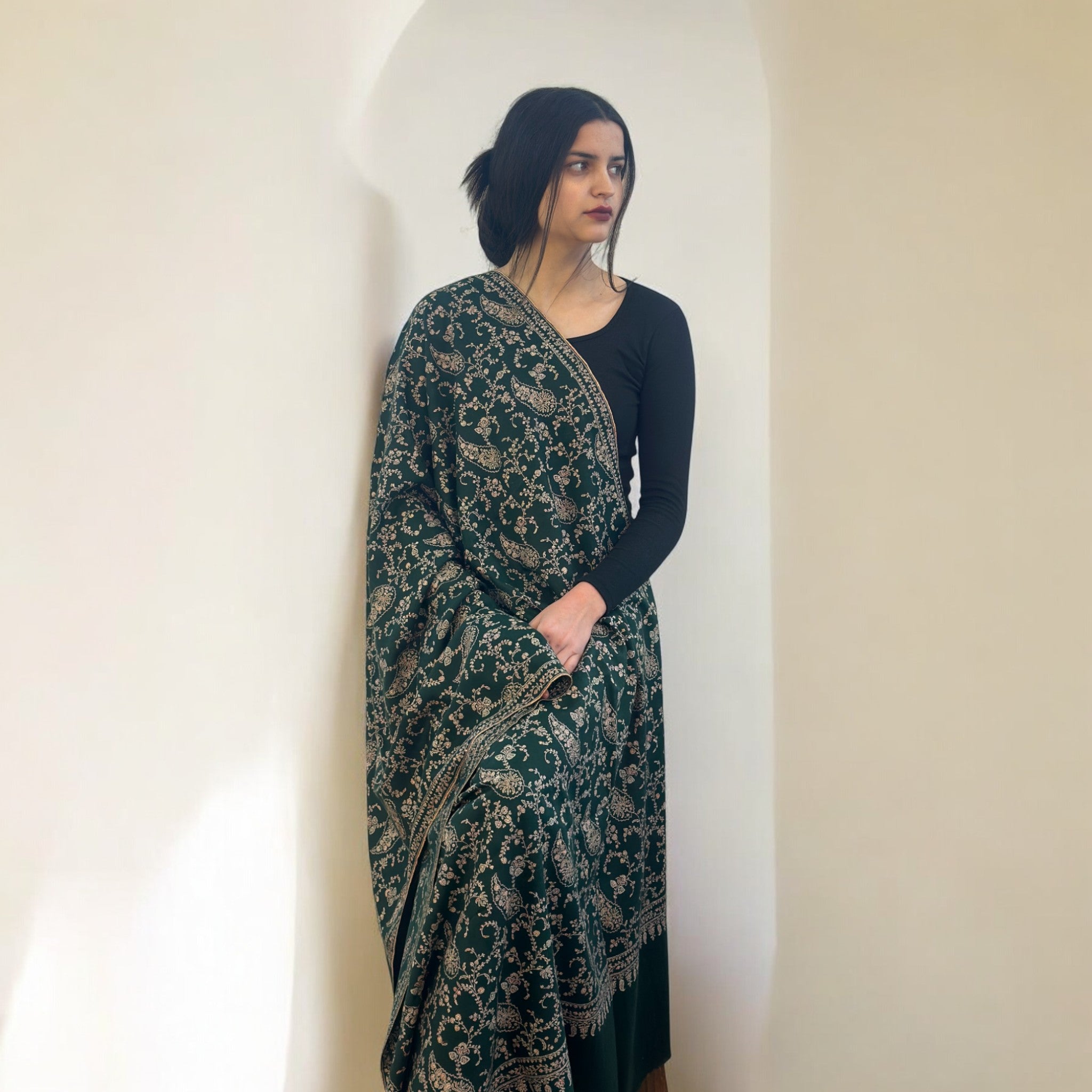 Deep Greenwood Jaalidar GI Pashmina Shawl