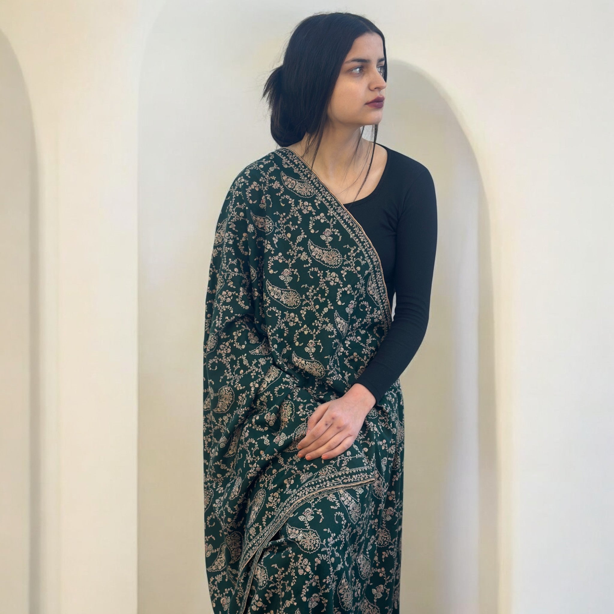 Deep Greenwood Jaalidar GI Pashmina Shawl