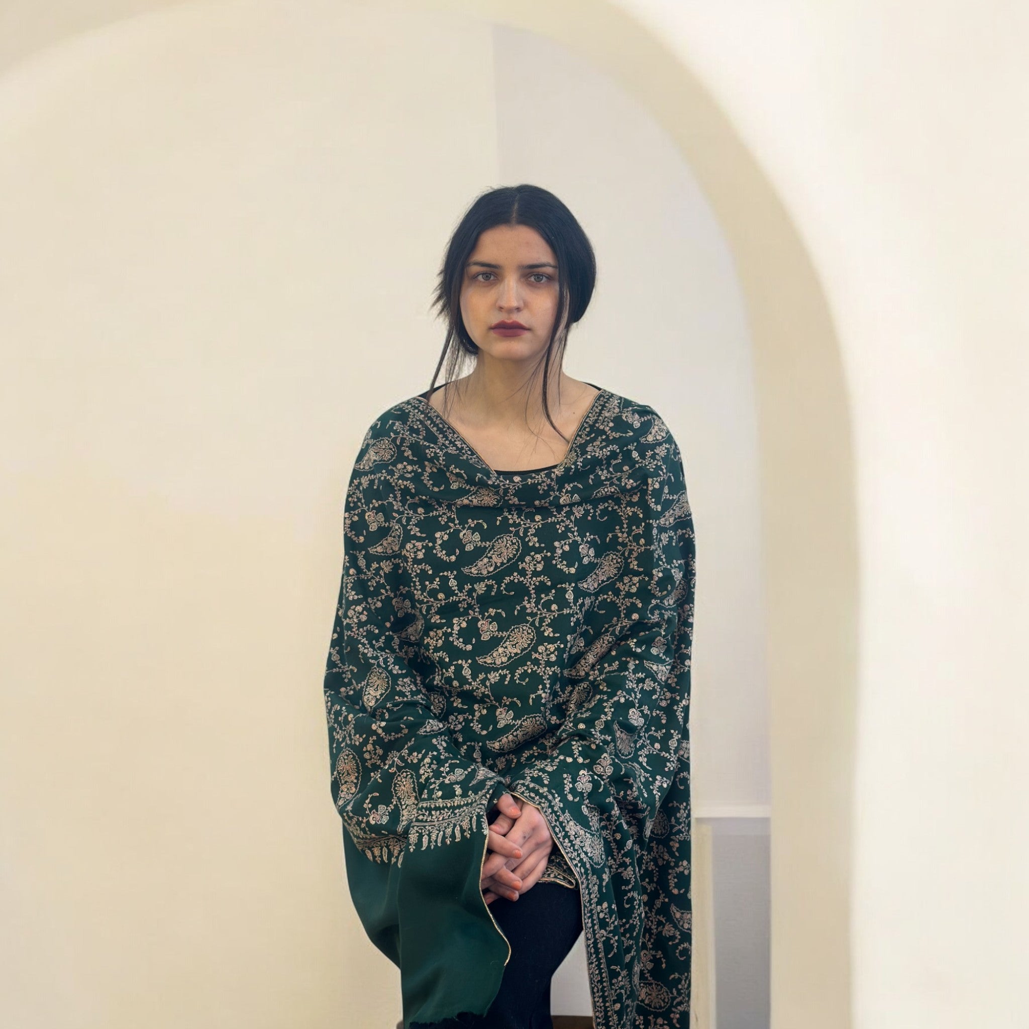 Deep Greenwood Jaalidar GI Pashmina Shawl