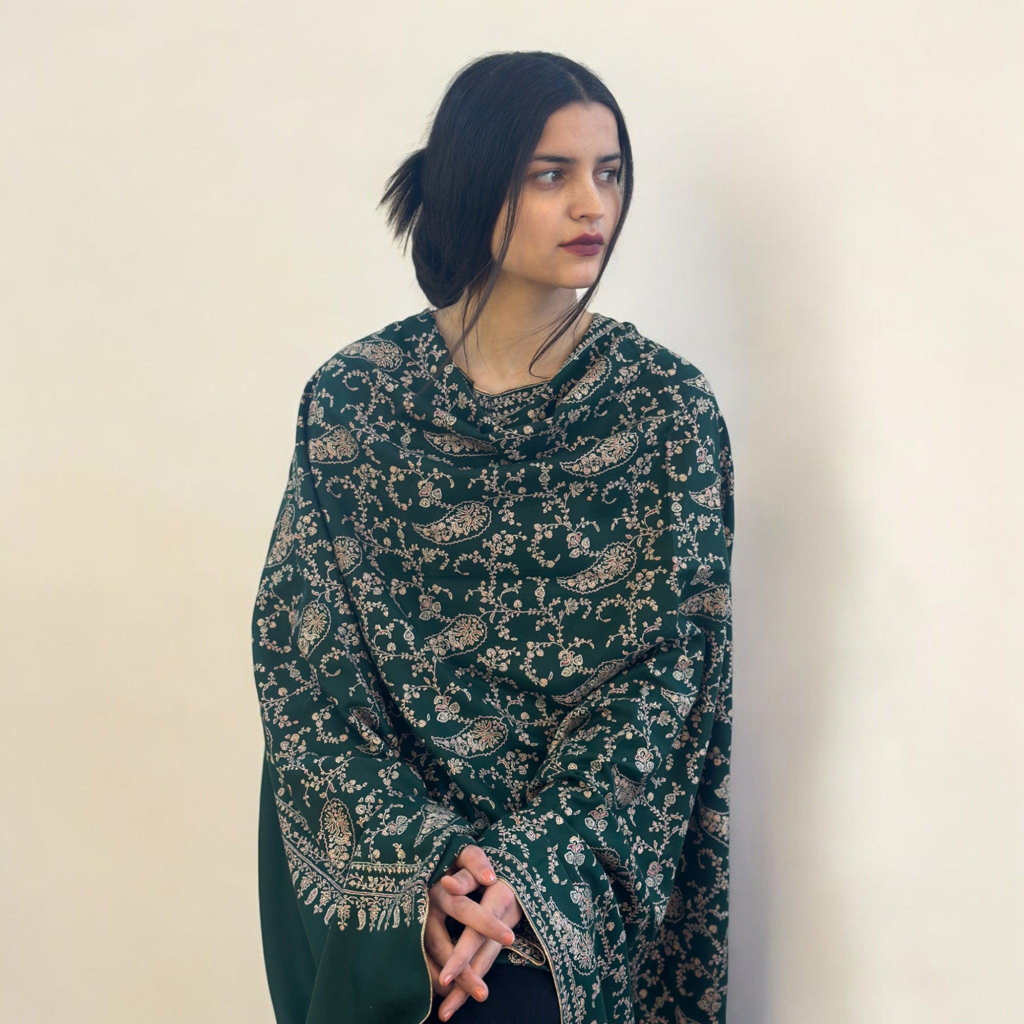Deep Greenwood Jaalidar GI Pashmina Shawl