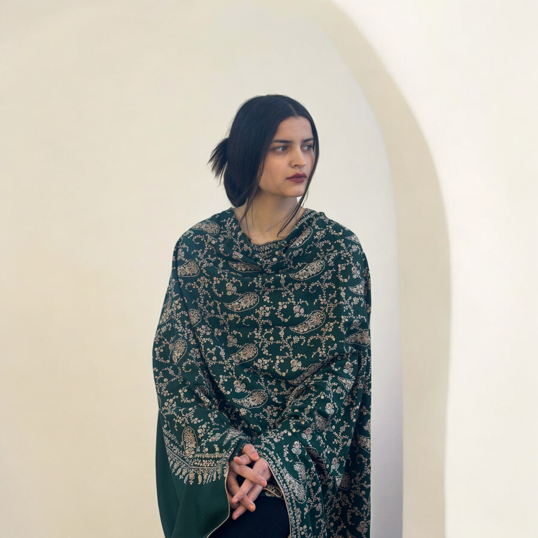 Deep Greenwood Jaalidar GI Pashmina Shawl