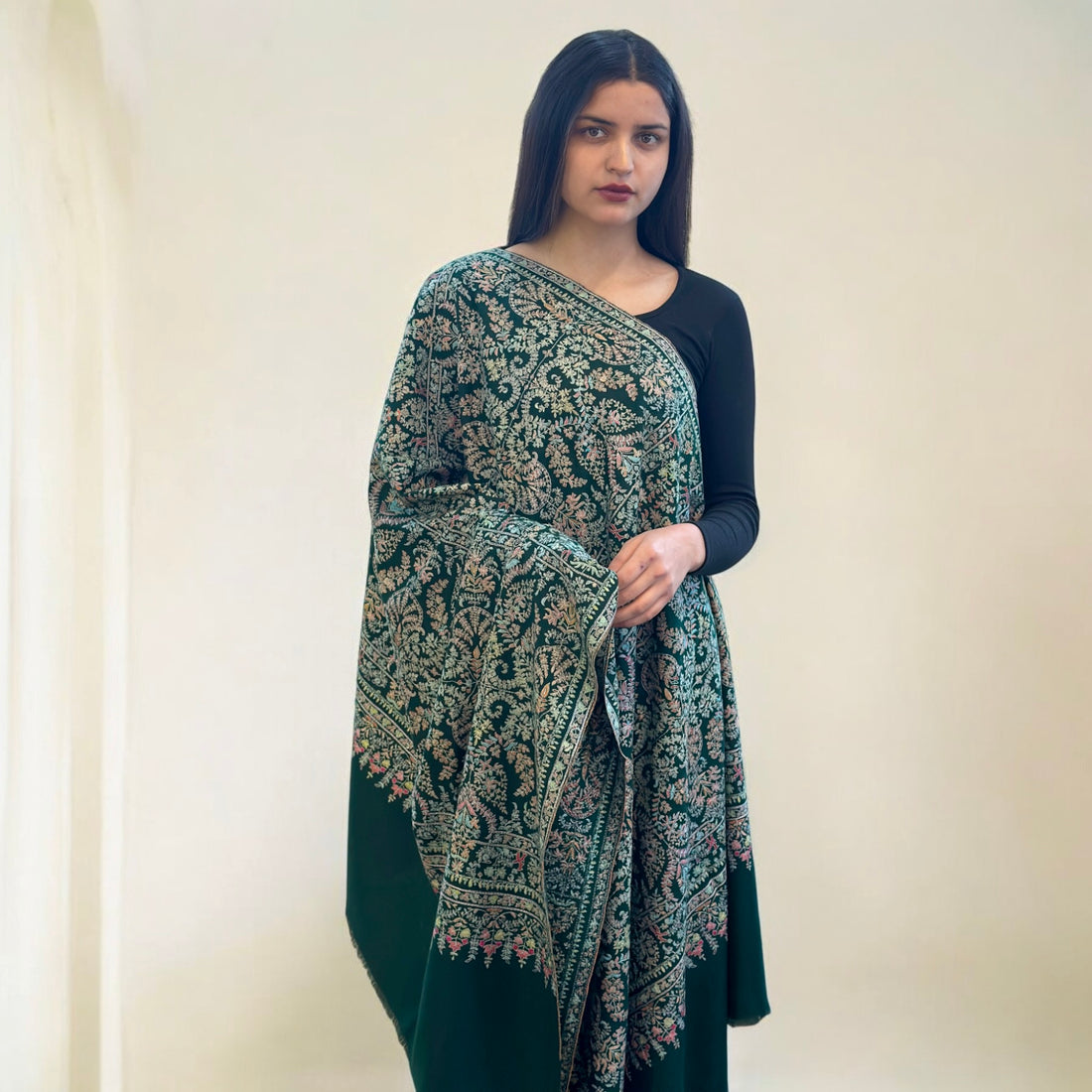 Bottle Green Jama GI Pashmina Shawl