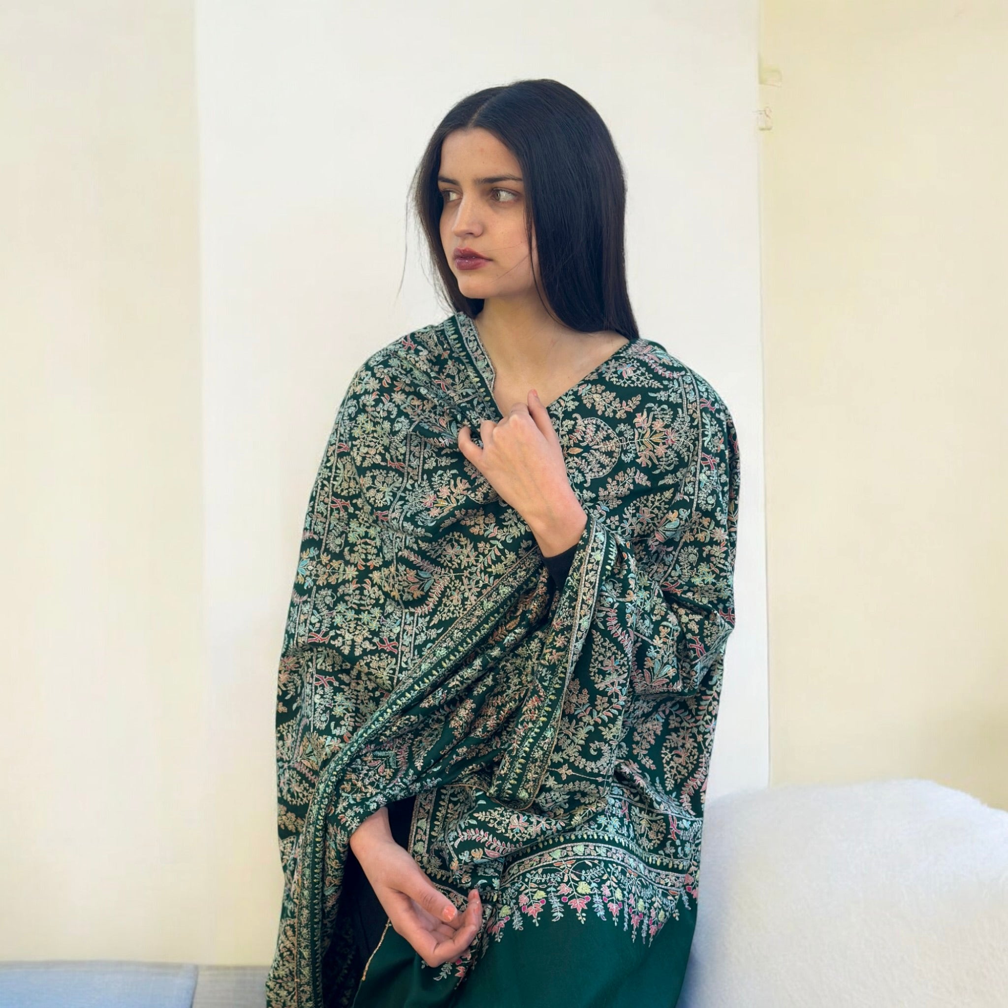 Bottle Green Jama GI Pashmina Shawl