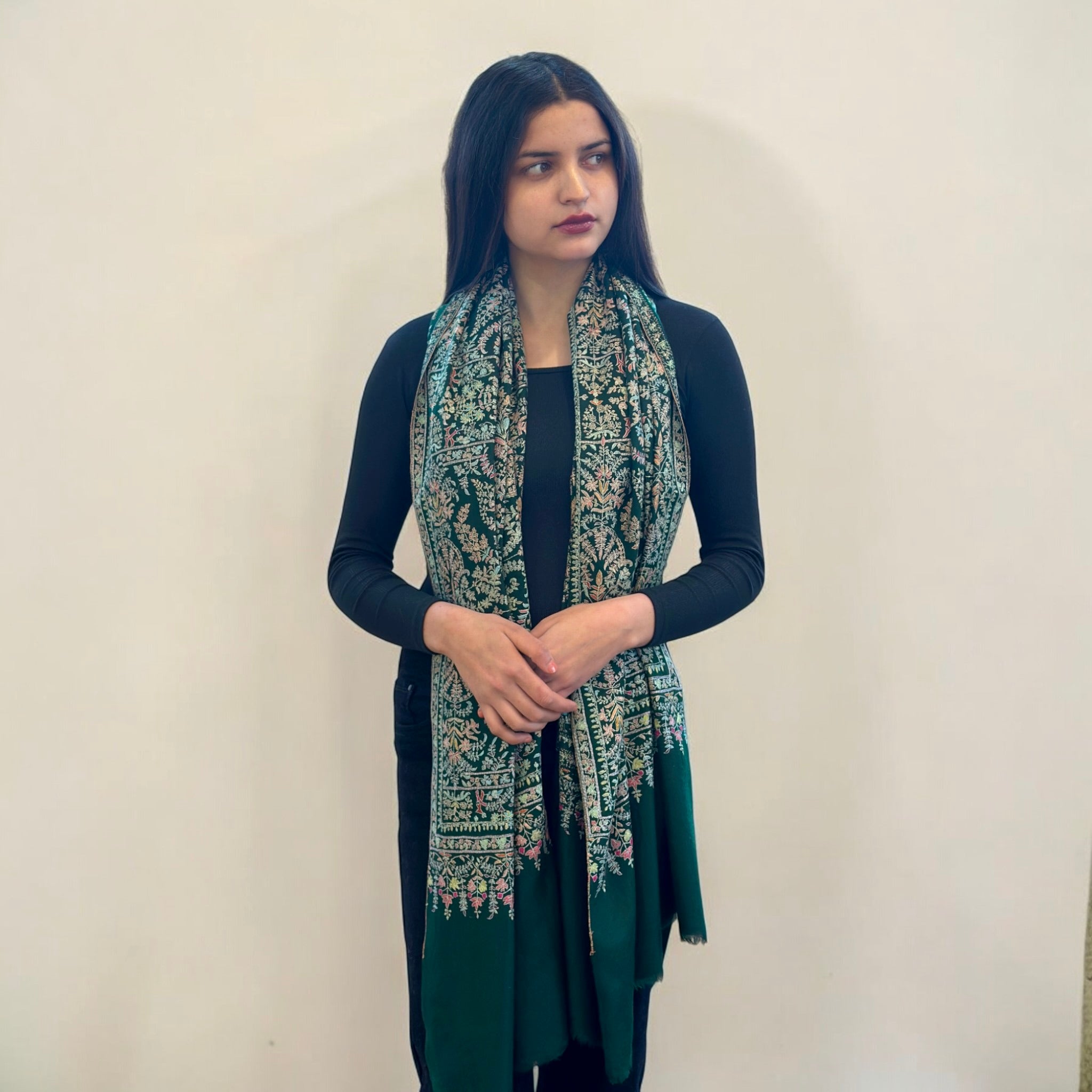 Bottle Green Jama GI Pashmina Shawl