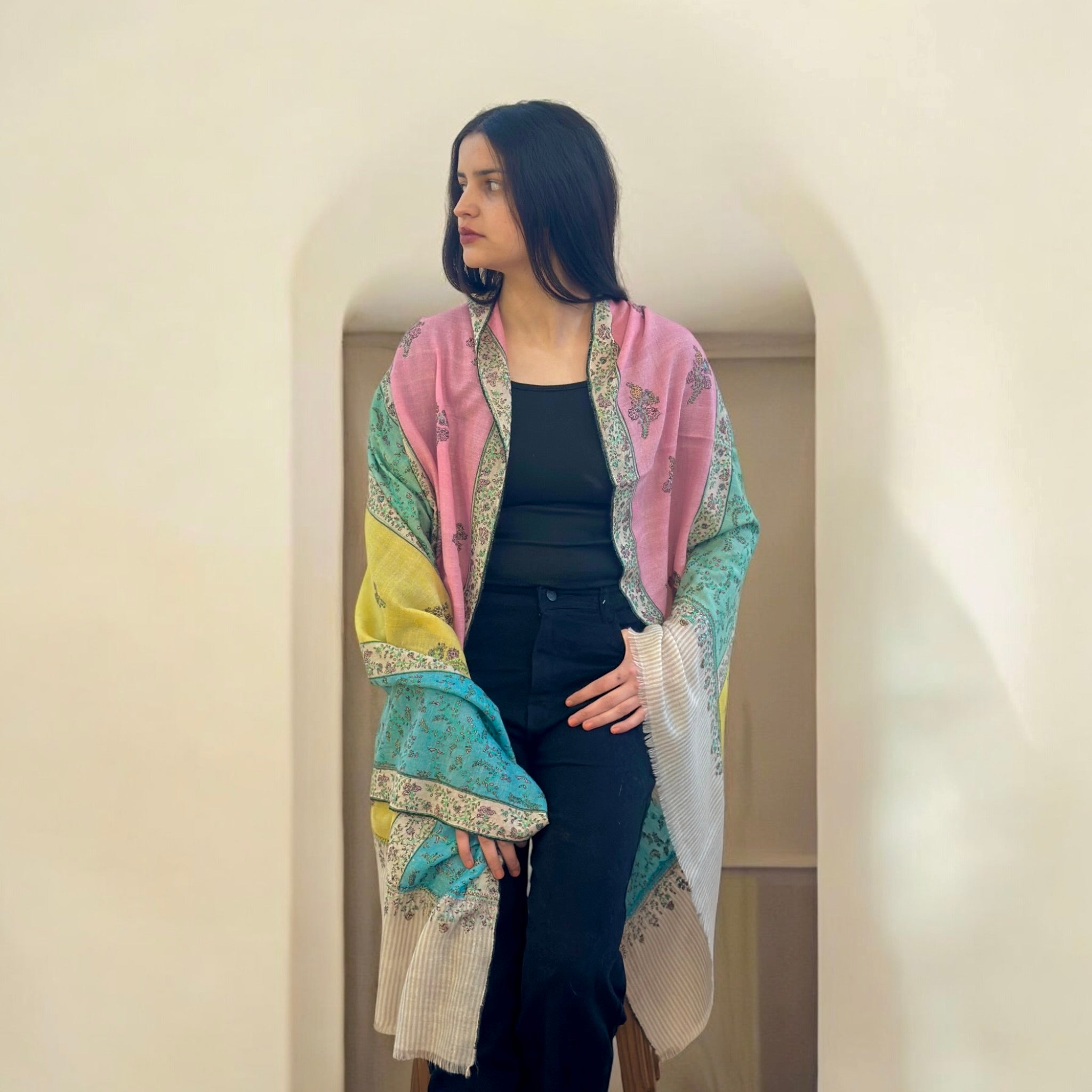 Blush Stripe Jaal Pure Pashmina Shawl