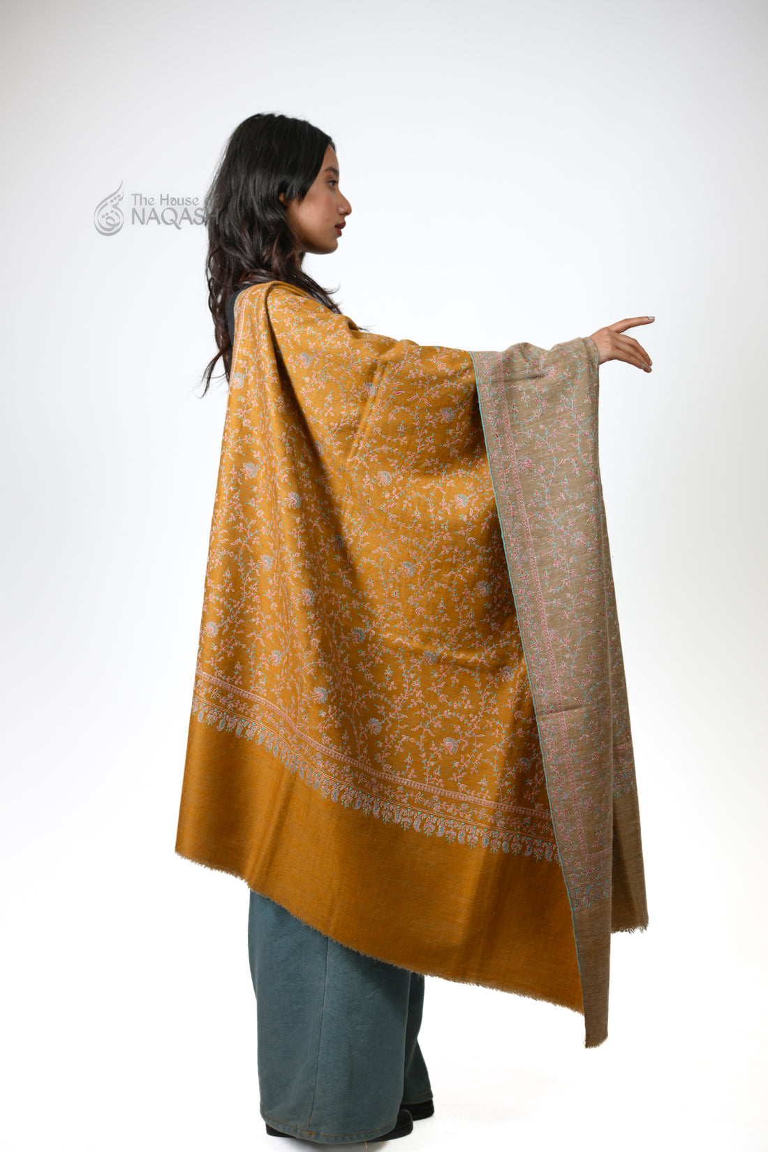 Two-in-One Reversible Sozni Jaalidaar Hand-Embroidered GI Pashmina Shawl