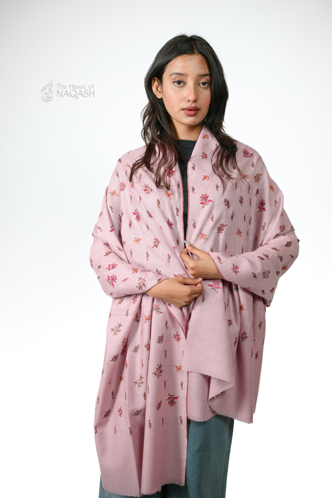 Blush Bloom Butti Sozni Jaalidaar Hand-Embroidered GI Pashmina Shawl