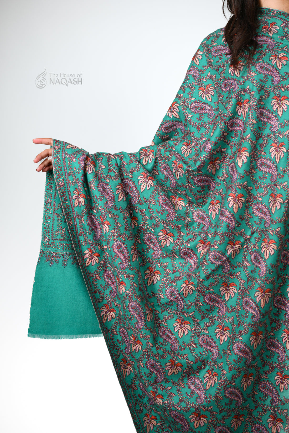 Aqua Marine Sozni Jaalidaar Hand-Embroidered GI Pashmina Shawl