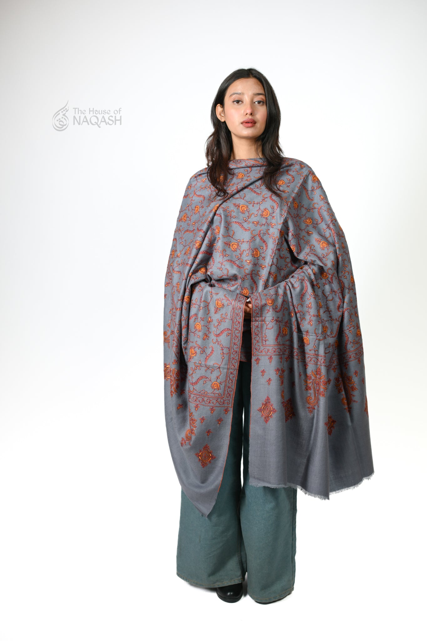 Almond Essence Sozni Jaalidaar Hand-Embroidered GI Pashmina Shawl