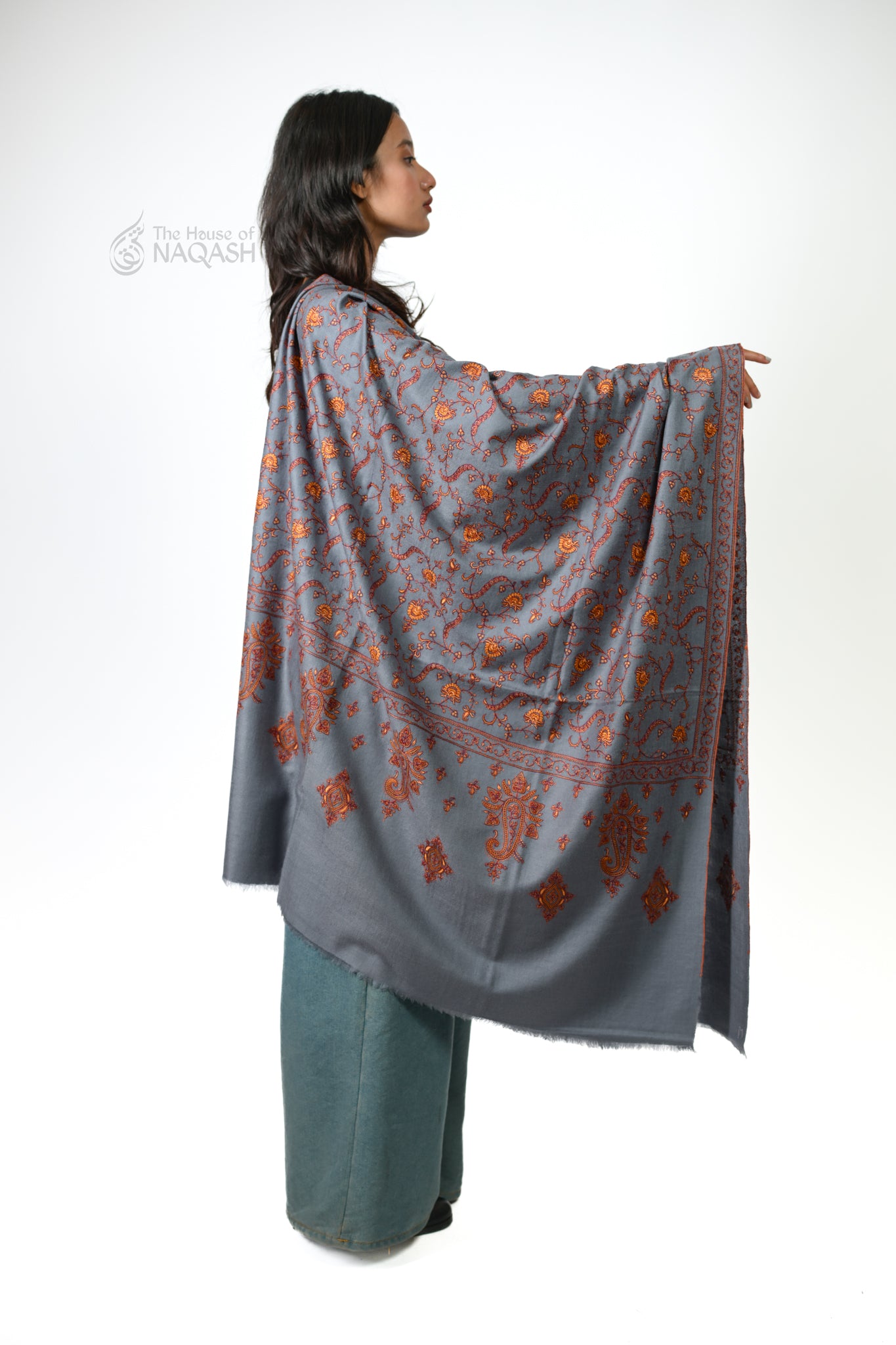 Almond Essence Sozni Jaalidaar Hand-Embroidered GI Pashmina Shawl
