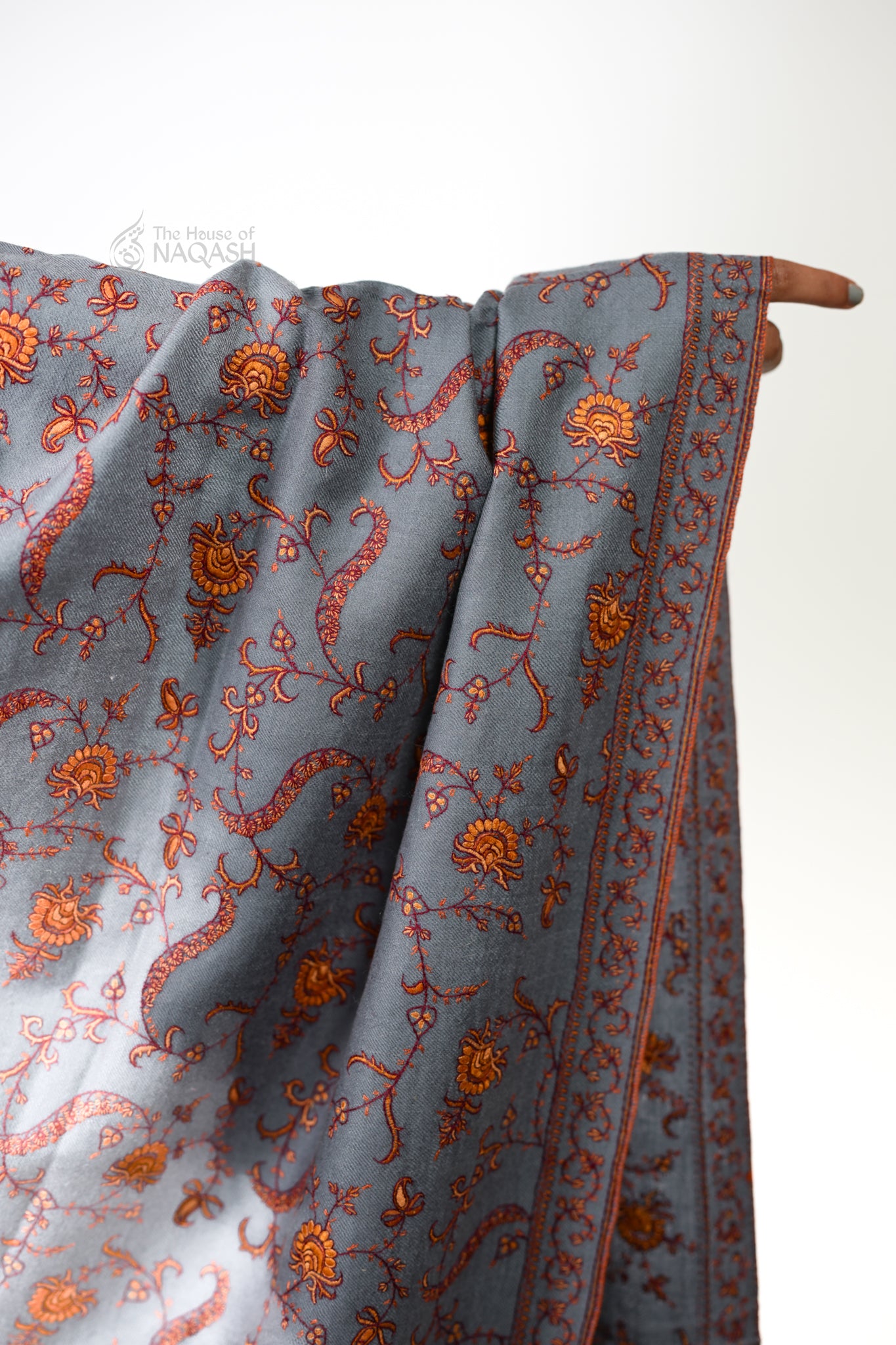 Almond Essence Sozni Jaalidaar Hand-Embroidered GI Pashmina Shawl