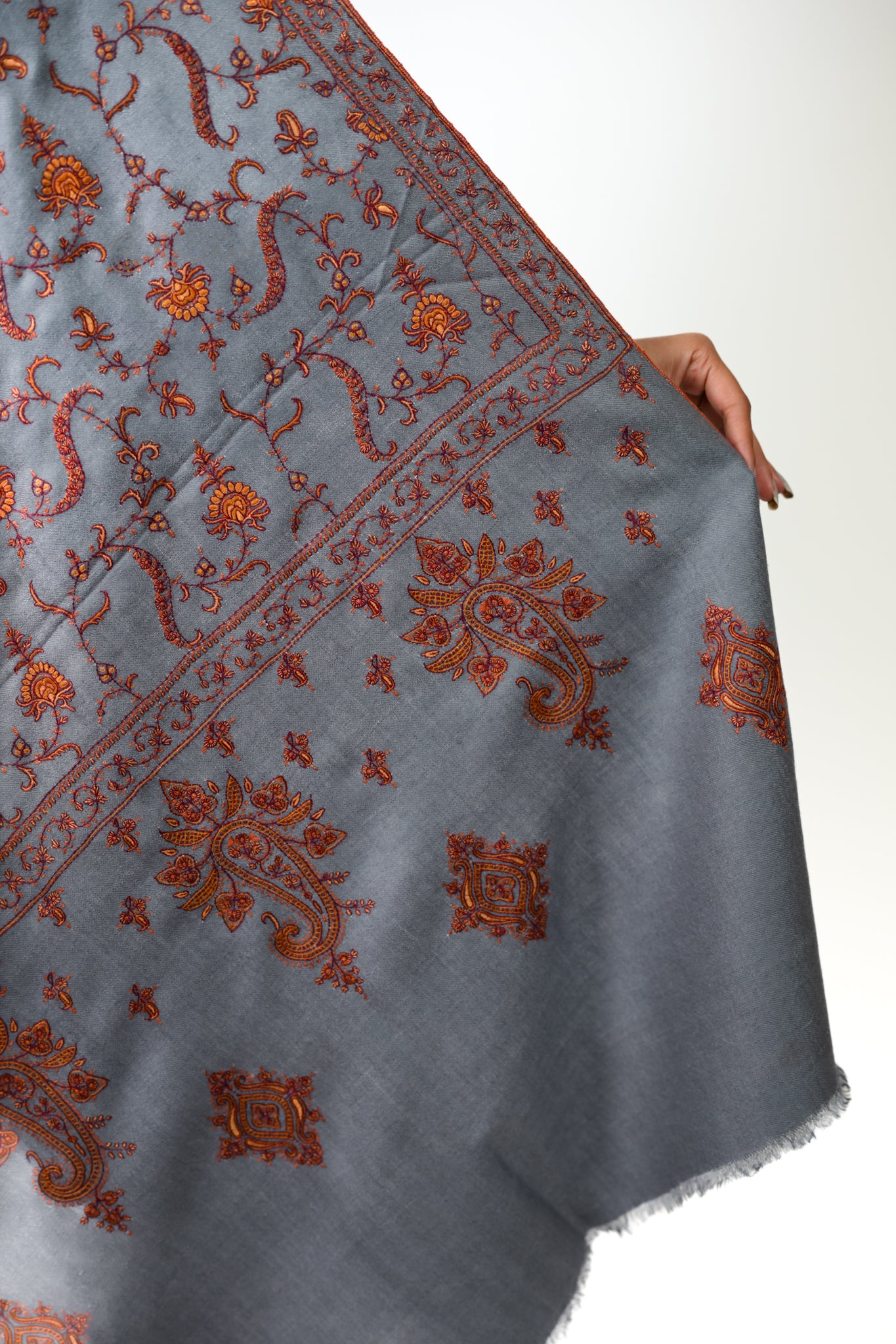 Almond Essence Sozni Jaalidaar Hand-Embroidered GI Pashmina Shawl
