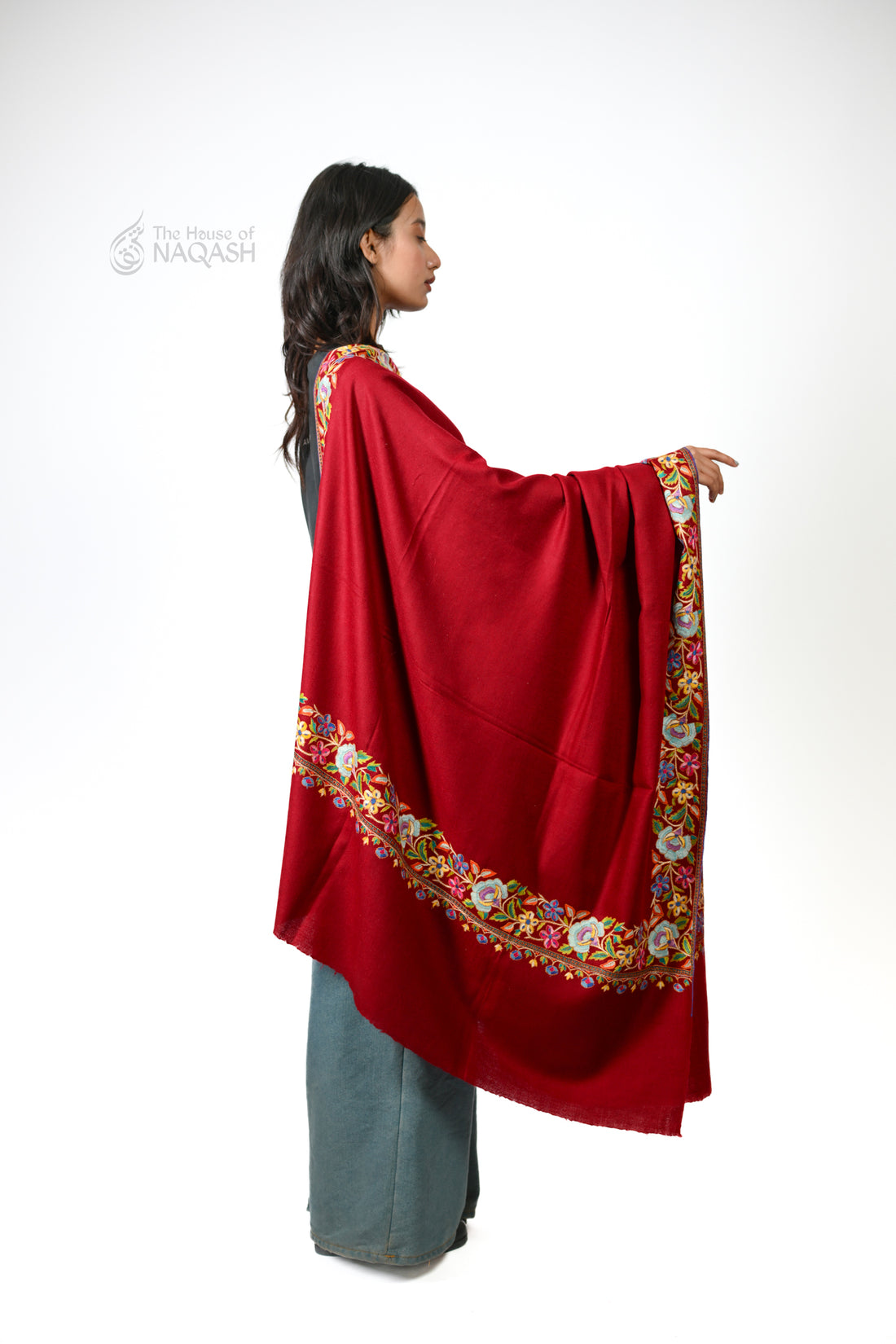 Ruby Royalty Hand-Embroidered GI Pashmina Shawl
