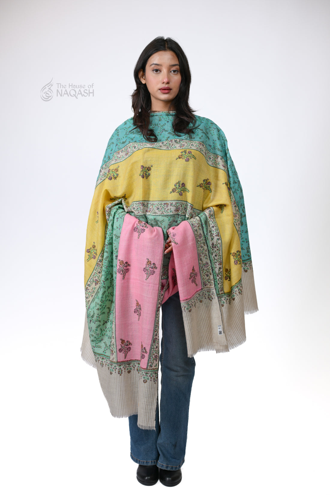 Blush Stripe Sozni Jaalidaar Hand-Embroidered GI Pashmina Shawl