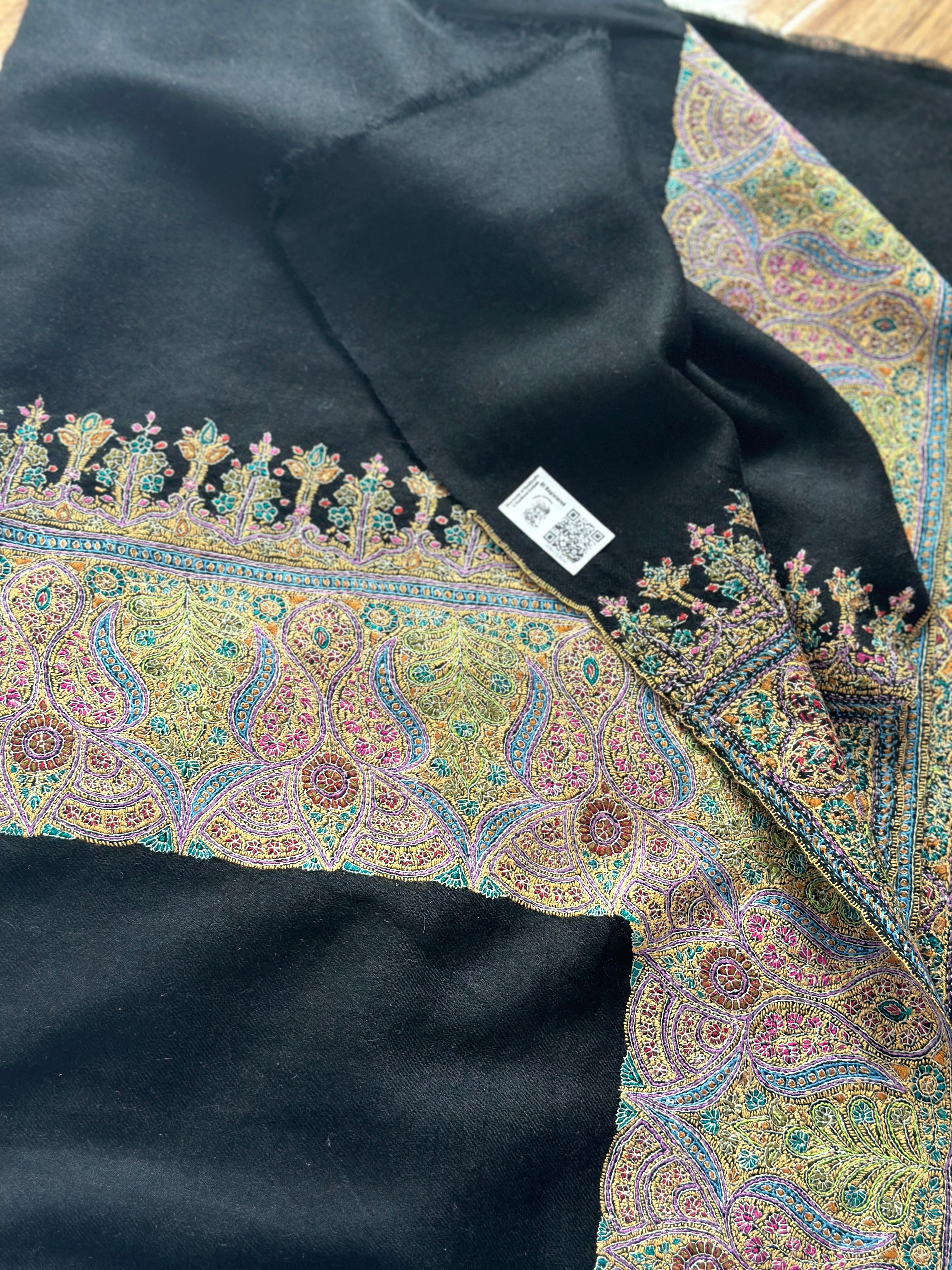 Black Sozni Embroidered GI Pashmina Wrap