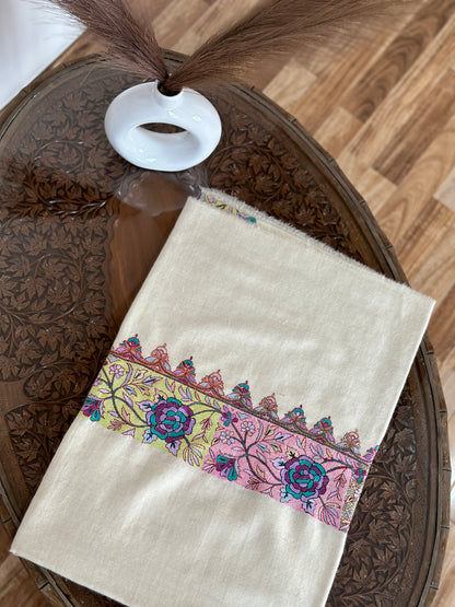 Creamy White Sozni Embroidered GI Pashmina Shawl