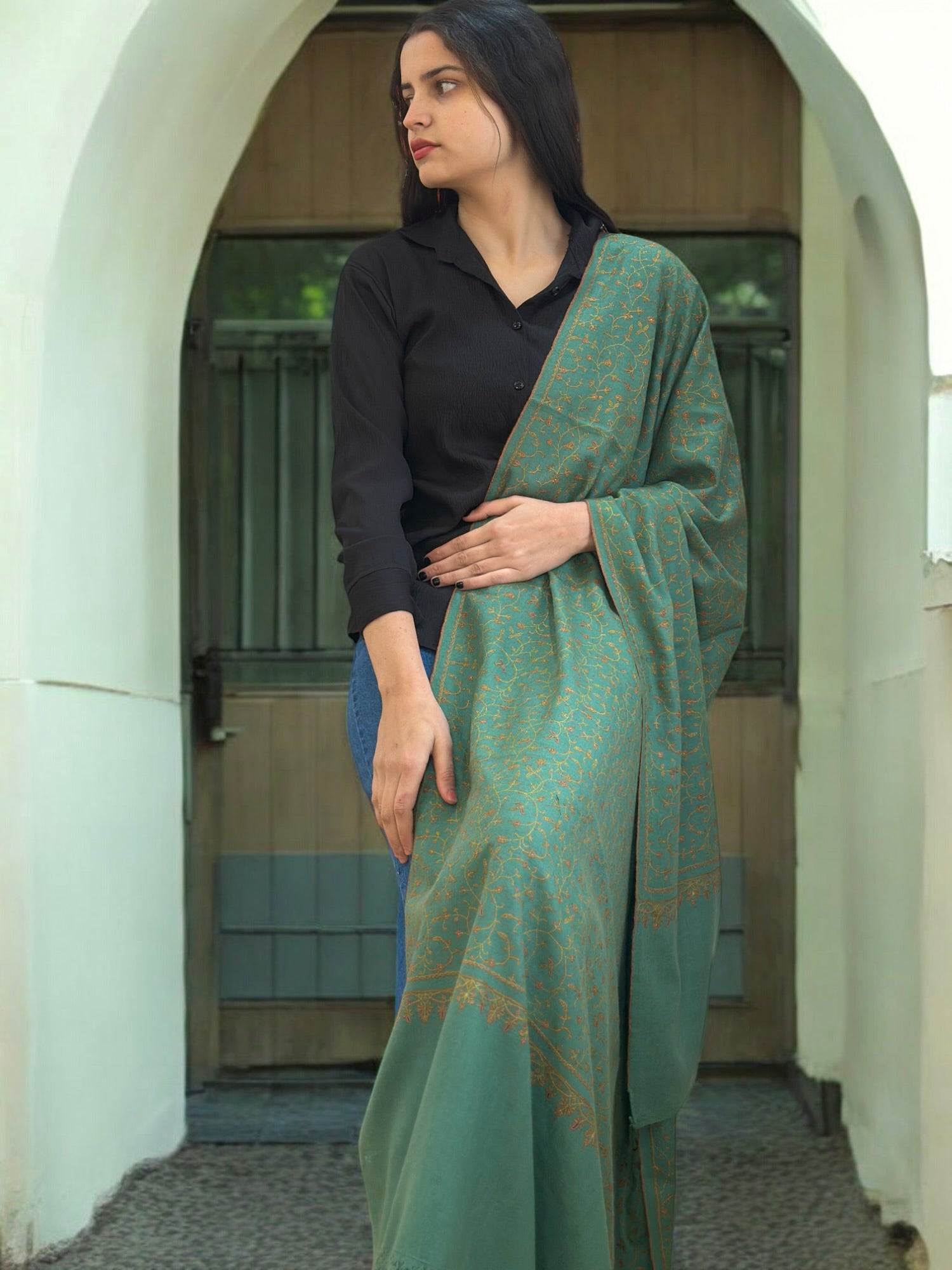 Emerald Petal Jaal GI Pashmina Shawl