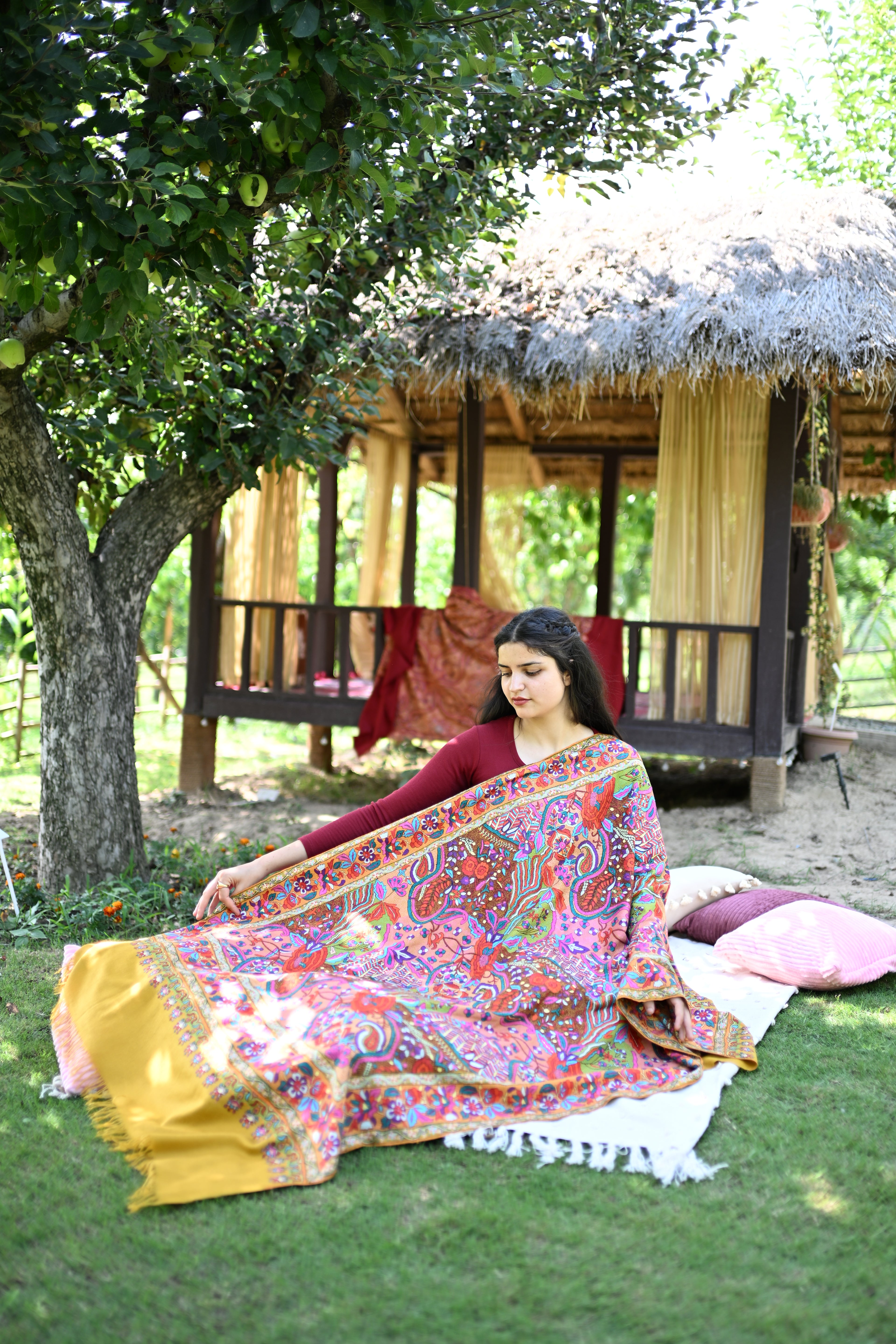 Zaffran Bahar Hand Embroidered Jamawar Floral Border Shawl