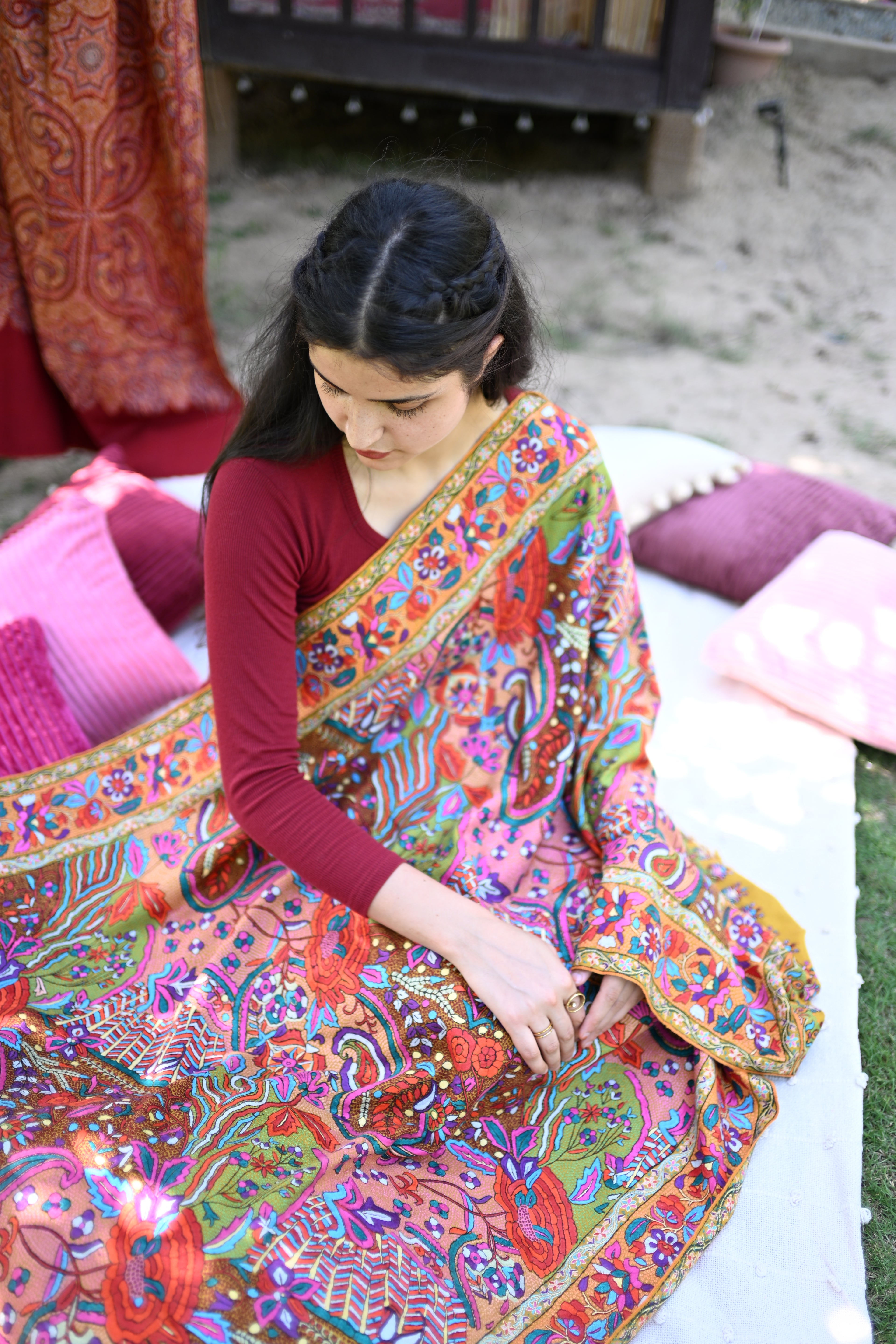 Zaffran Bahar Hand Embroidered Jamawar Floral Border Shawl