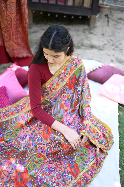 Zaffran Bahar Hand Embroidered Jamawar Floral Border Shawl