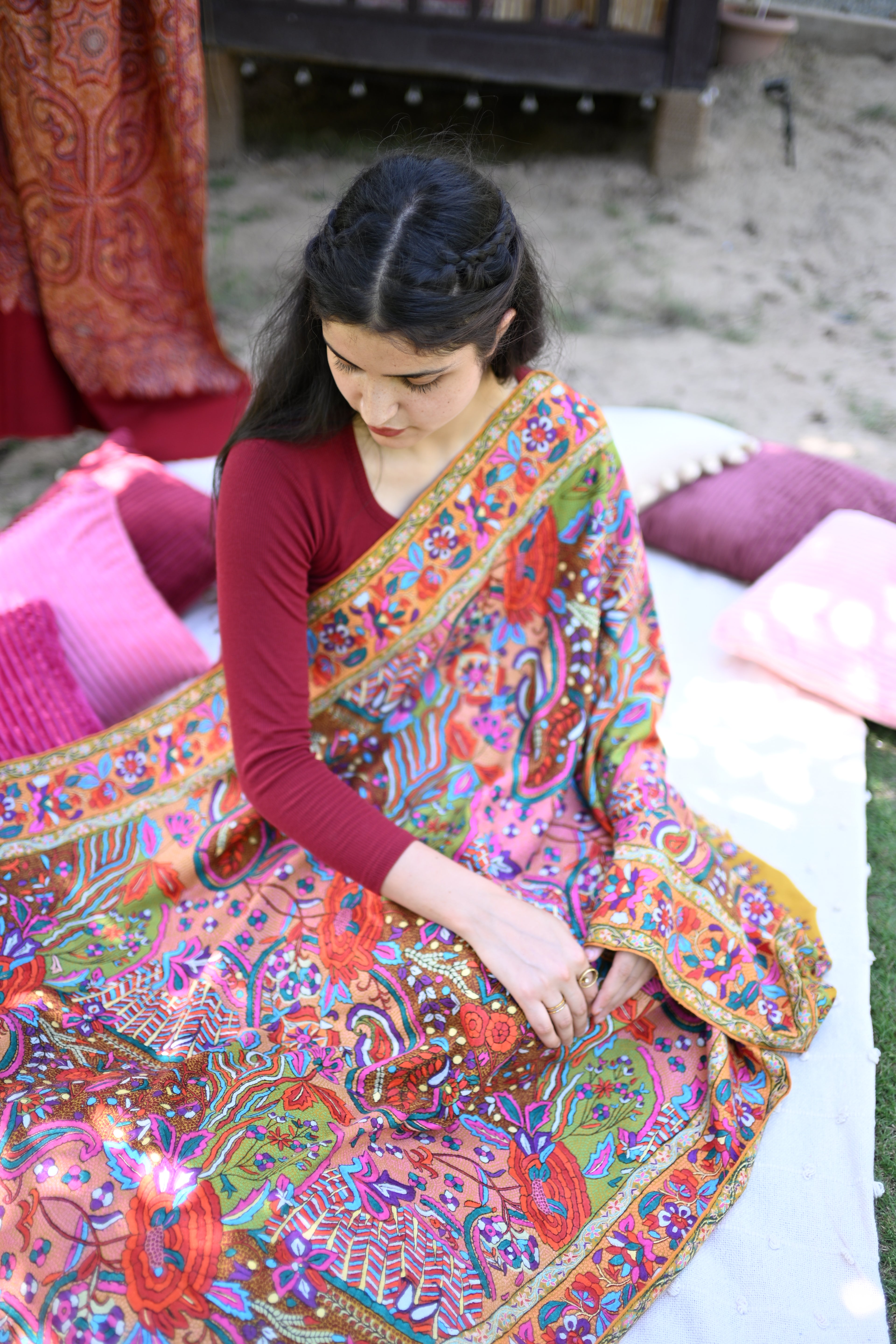 Zaffran Bahar Hand Embroidered Jamawar Floral Border Shawl