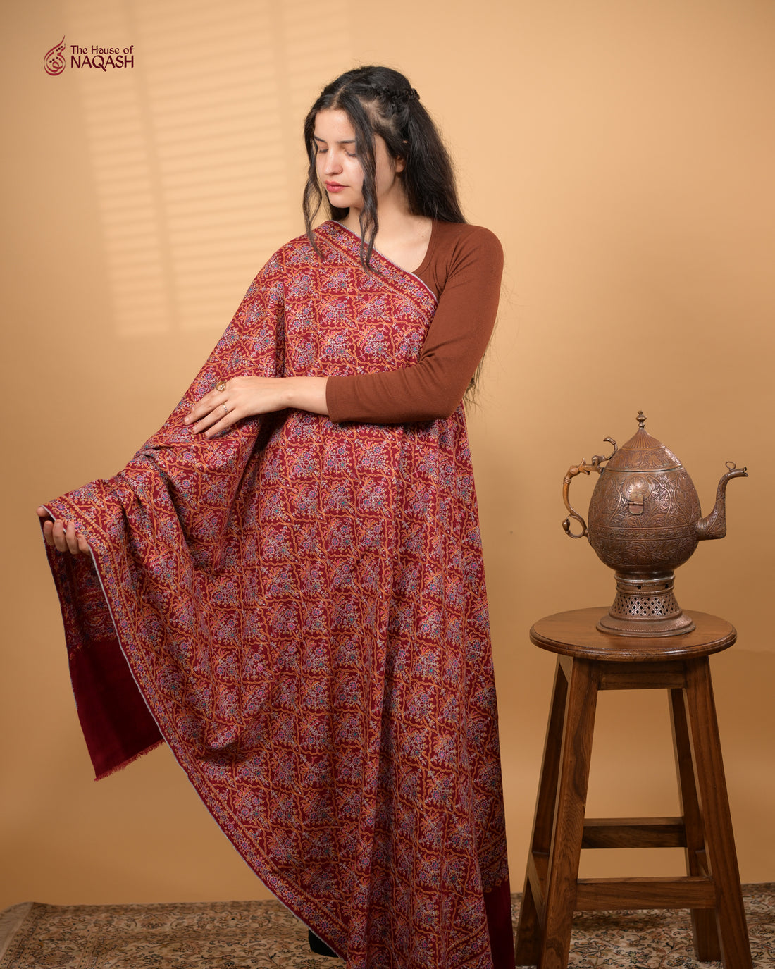 Crimson Velvet Hand Embroidered Jamawar GI Pashmina Shawl