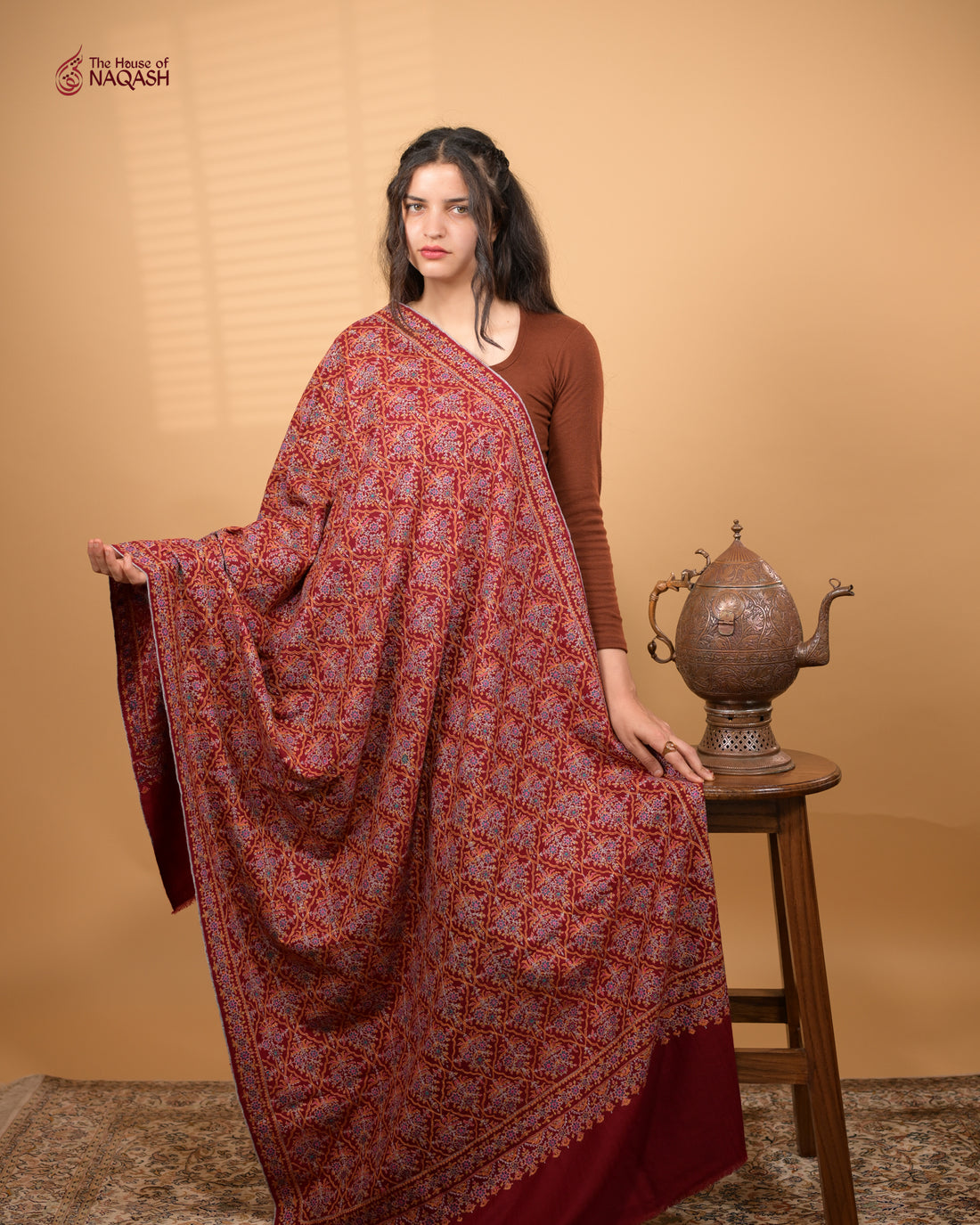 Crimson Velvet Hand Embroidered Jamawar GI Pashmina Shawl