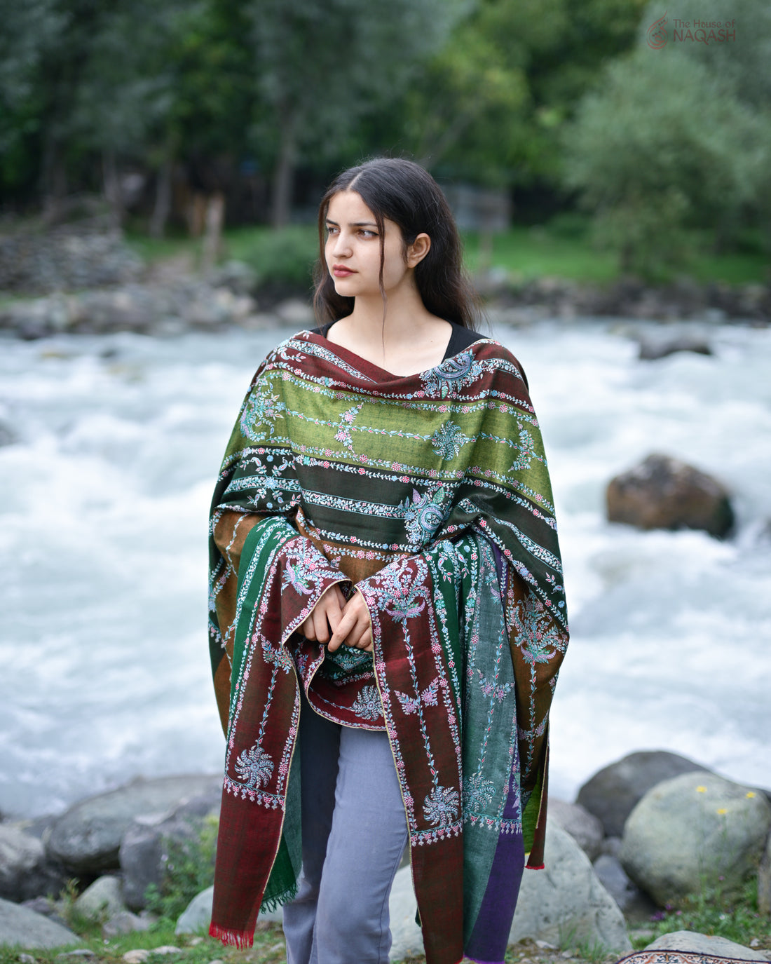 Rainbow Mesh Stripe Sozni Jaalidaar Hand-Embroidered GI Pashmina Shawl