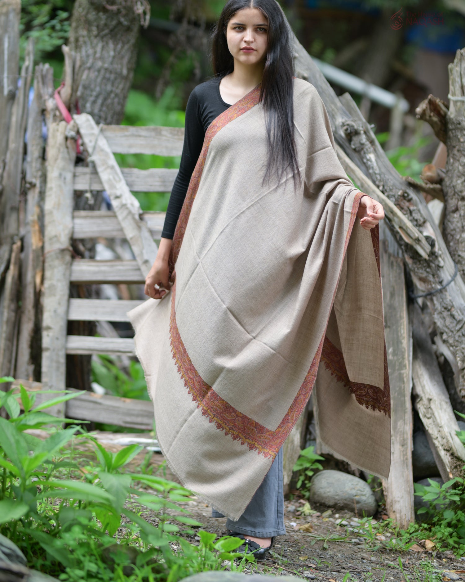 Celestial Natural Hand-Embroidered GI Pashmina Shawl