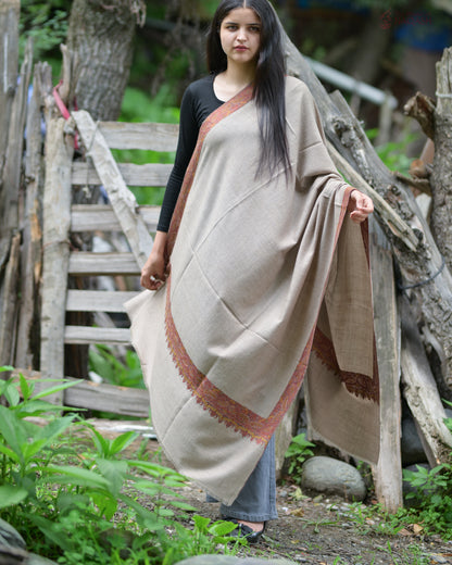 Celestial Natural Hand-Embroidered GI Pashmina Shawl