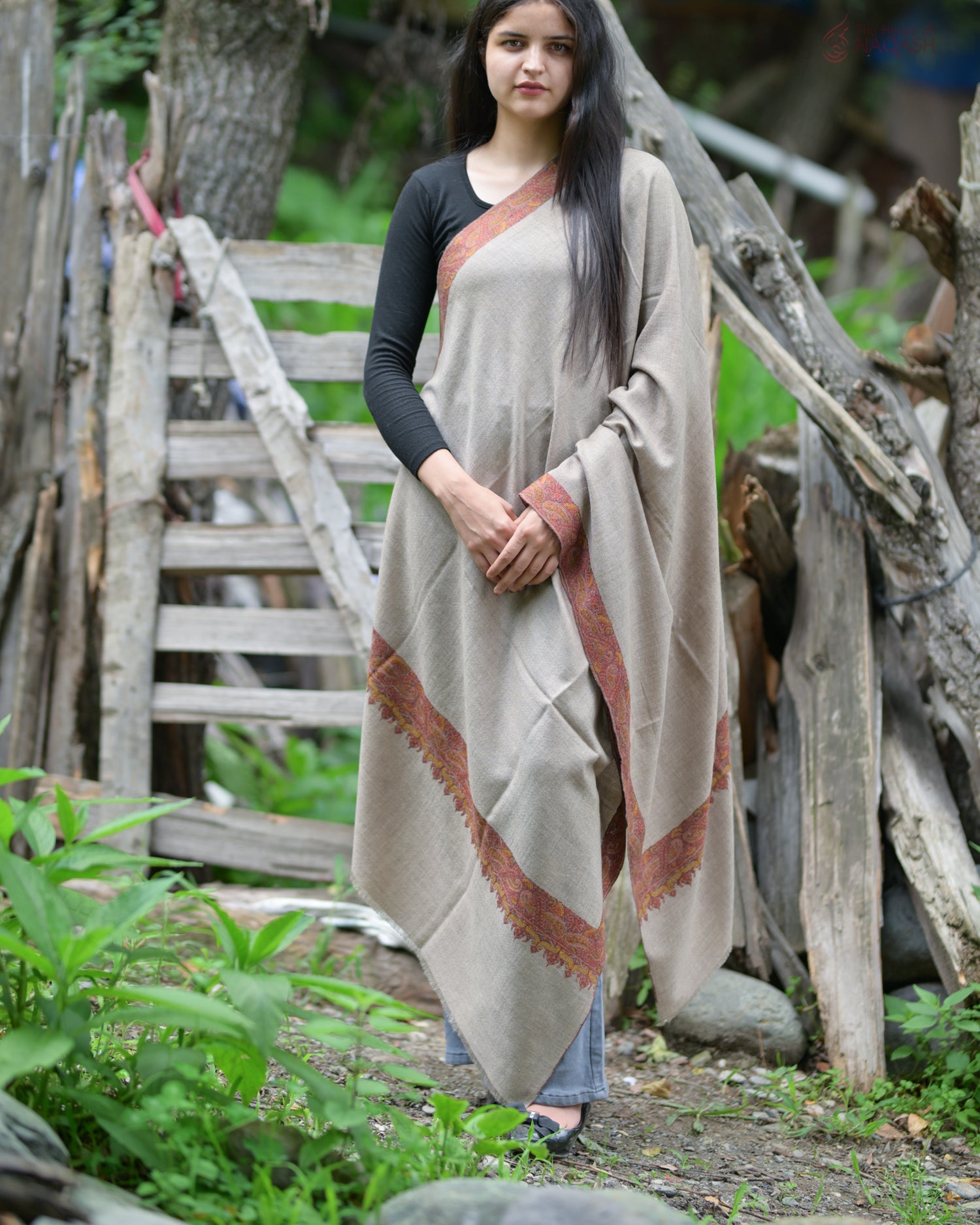 Celestial Natural Hand-Embroidered GI Pashmina Shawl
