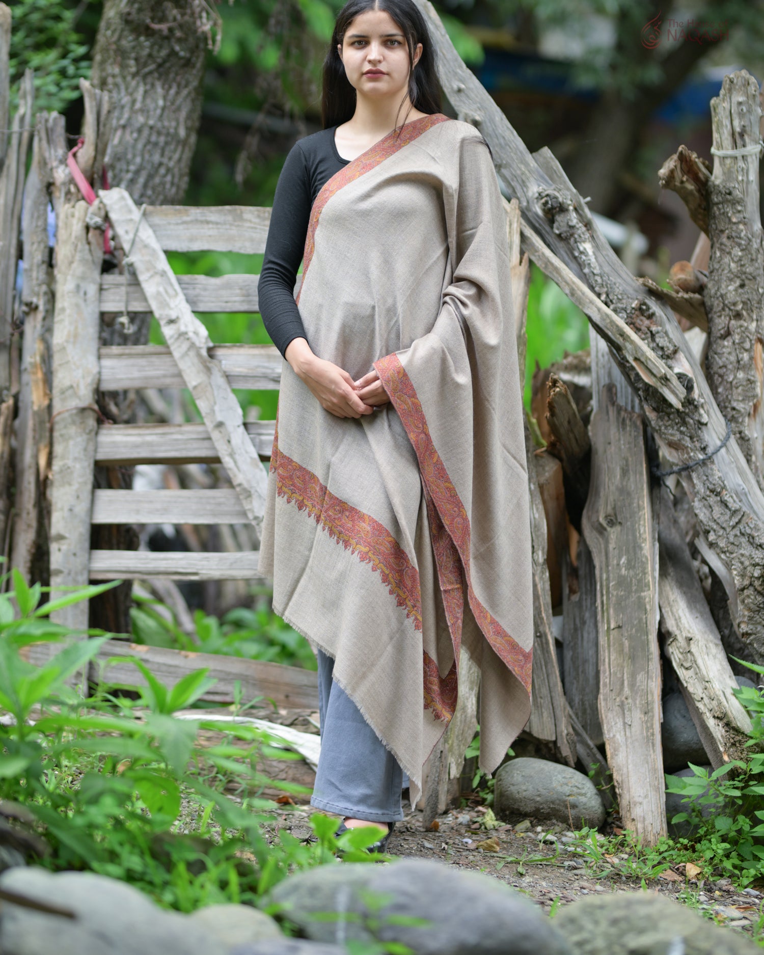 Celestial Natural Hand-Embroidered GI Pashmina Shawl