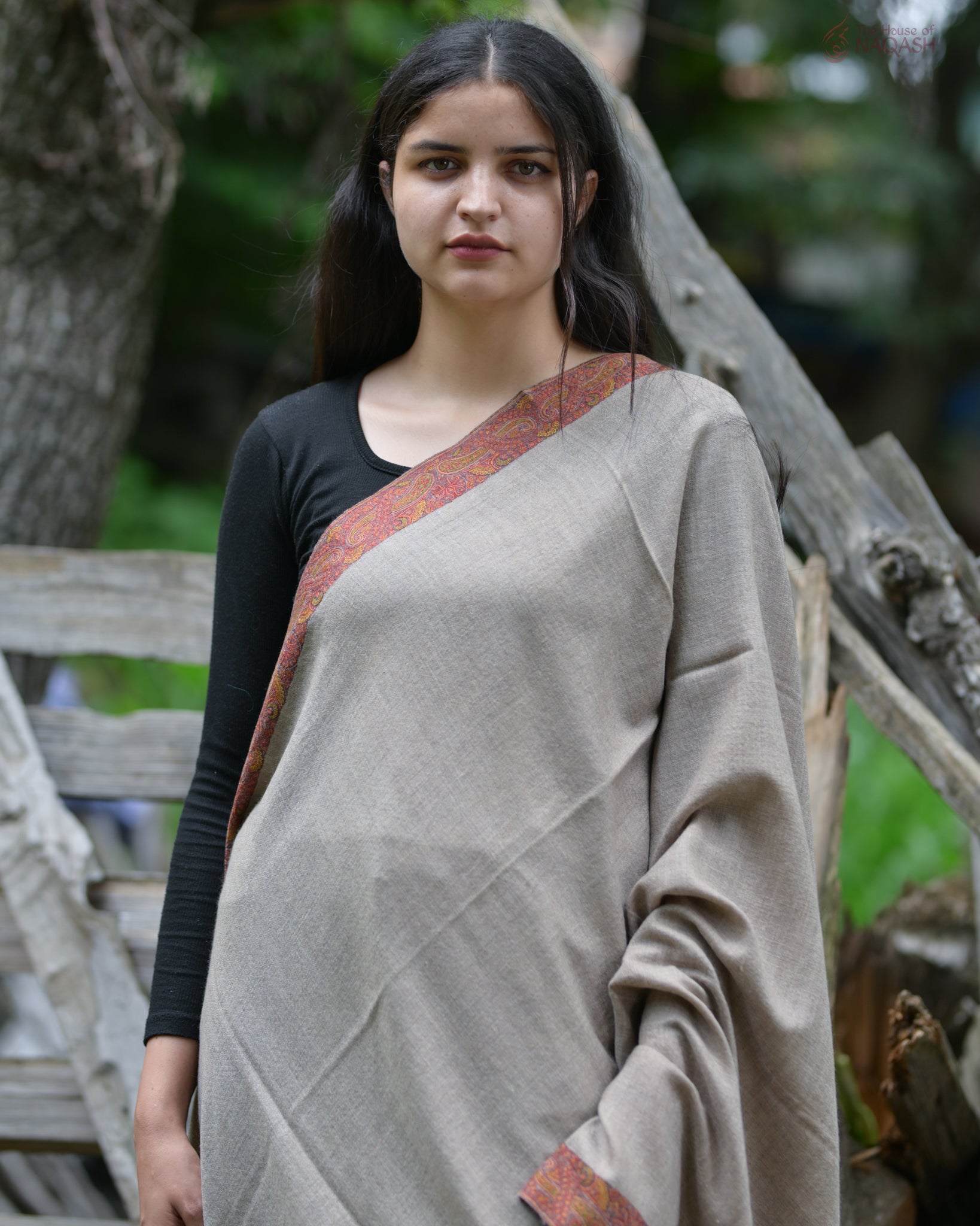 Celestial Natural Hand-Embroidered GI Pashmina Shawl