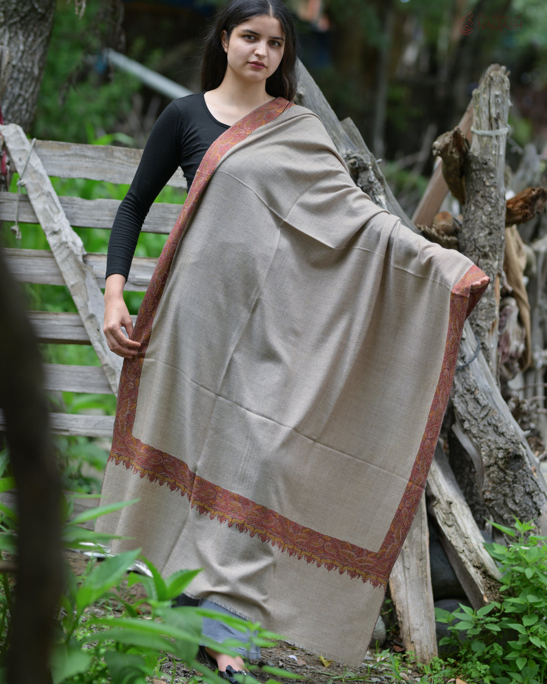 Celestial Natural Hand-Embroidered GI Pashmina Shawl
