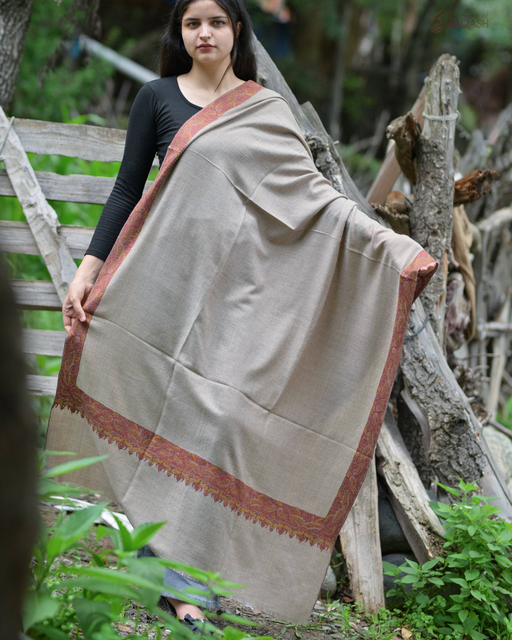 Celestial Natural Hand-Embroidered GI Pashmina Shawl