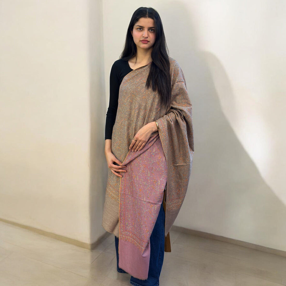 Color Flip Reversible Sozni Jaalidaar Hand-Embroidered GI Pashmina Shawl