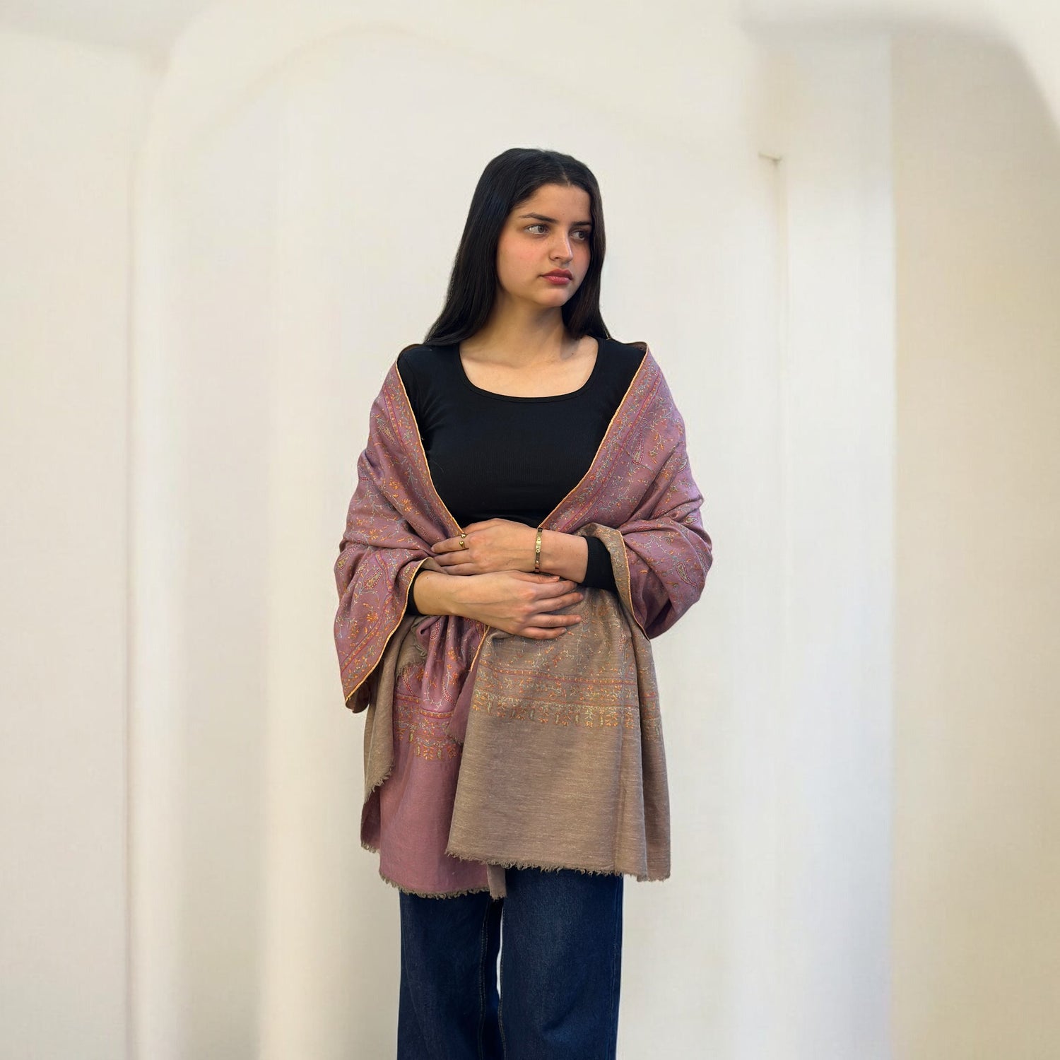 Color Flip Reversible  Sozni Jaalidaar Hand-Embroidered GI Pashmina Shawl