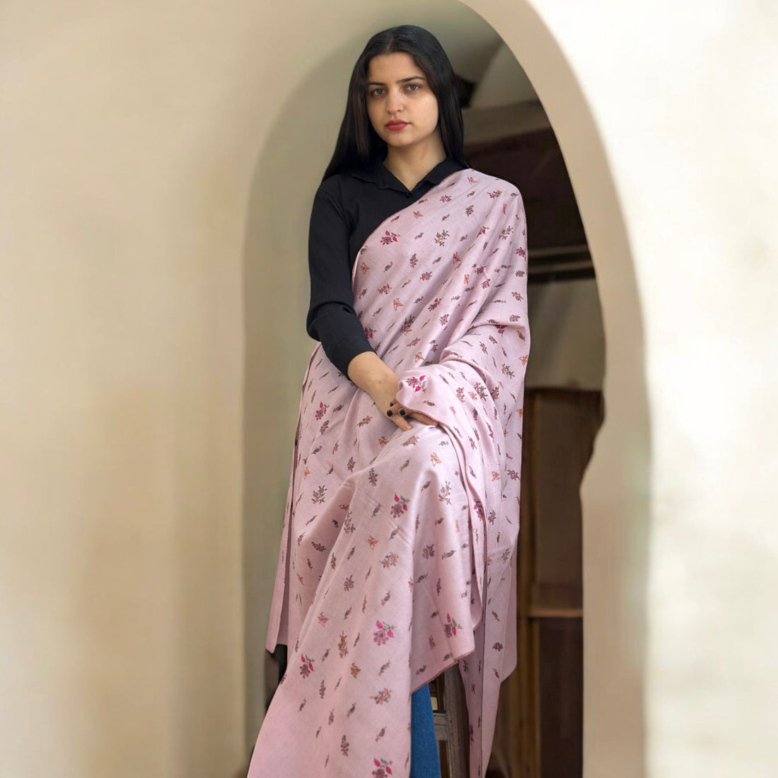 Blush Bloom Butti Pattern GI Pashmina Shawl