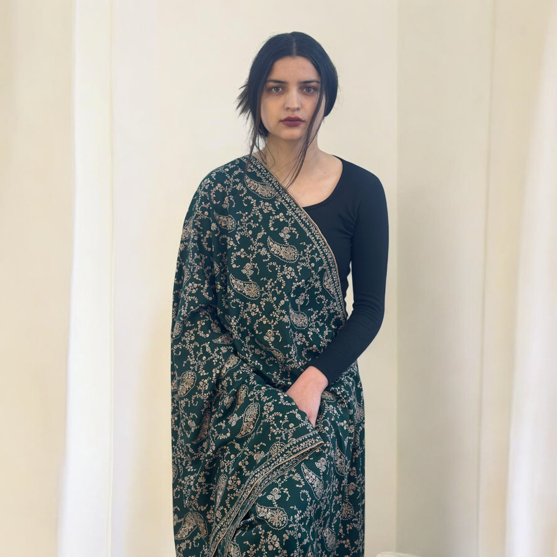 Deep Greenwood Jaalidar GI Pashmina Shawl