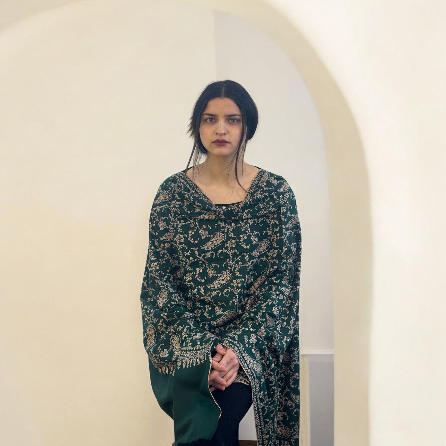 Deep Greenwood Jaalidar GI Pashmina Shawl